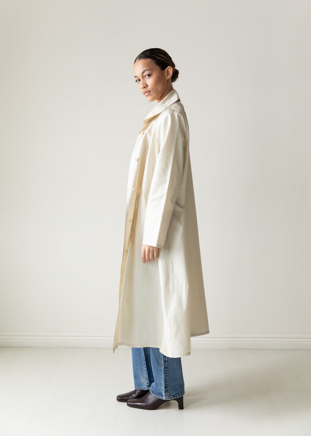 Vintage Silky Belted Raincoat in Cream