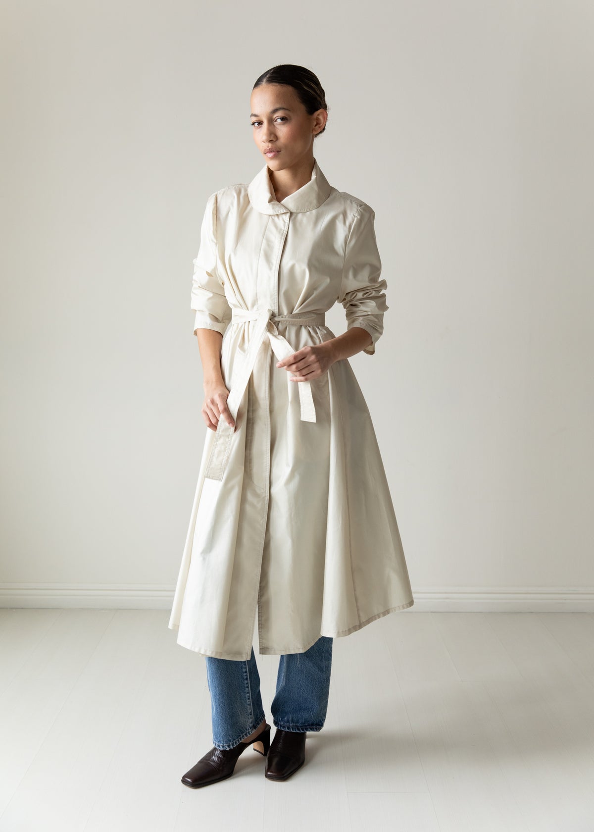 Vintage Silky Belted Raincoat in Cream