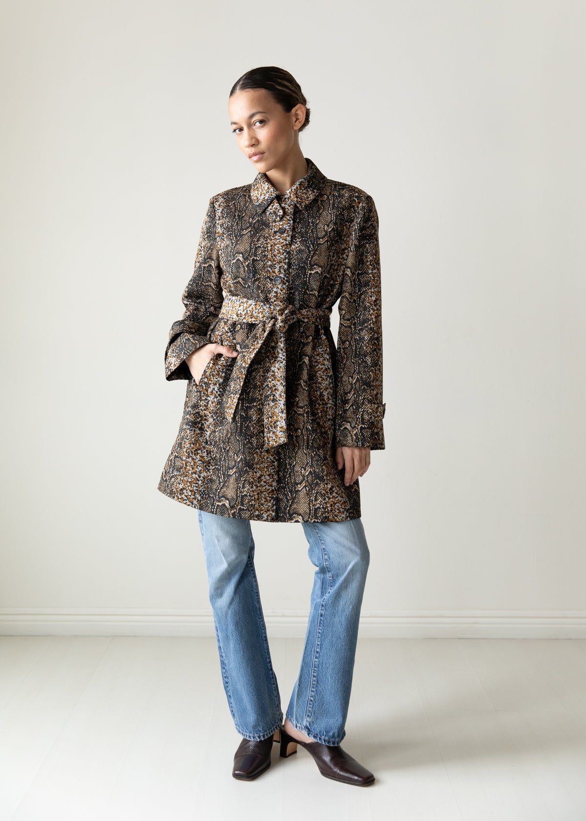 Vintage Snakeskin Print Belted Jacket in Black Brown