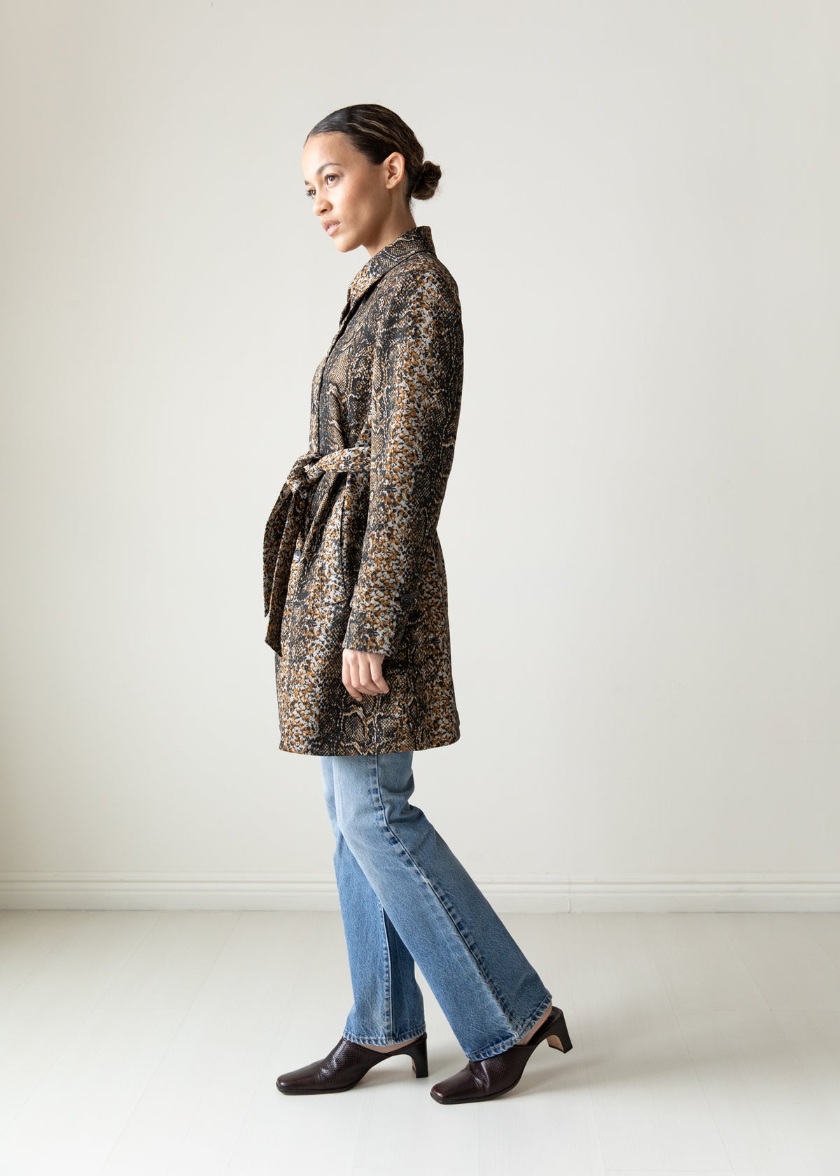 Vintage Snakeskin Print Belted Jacket in Black Brown