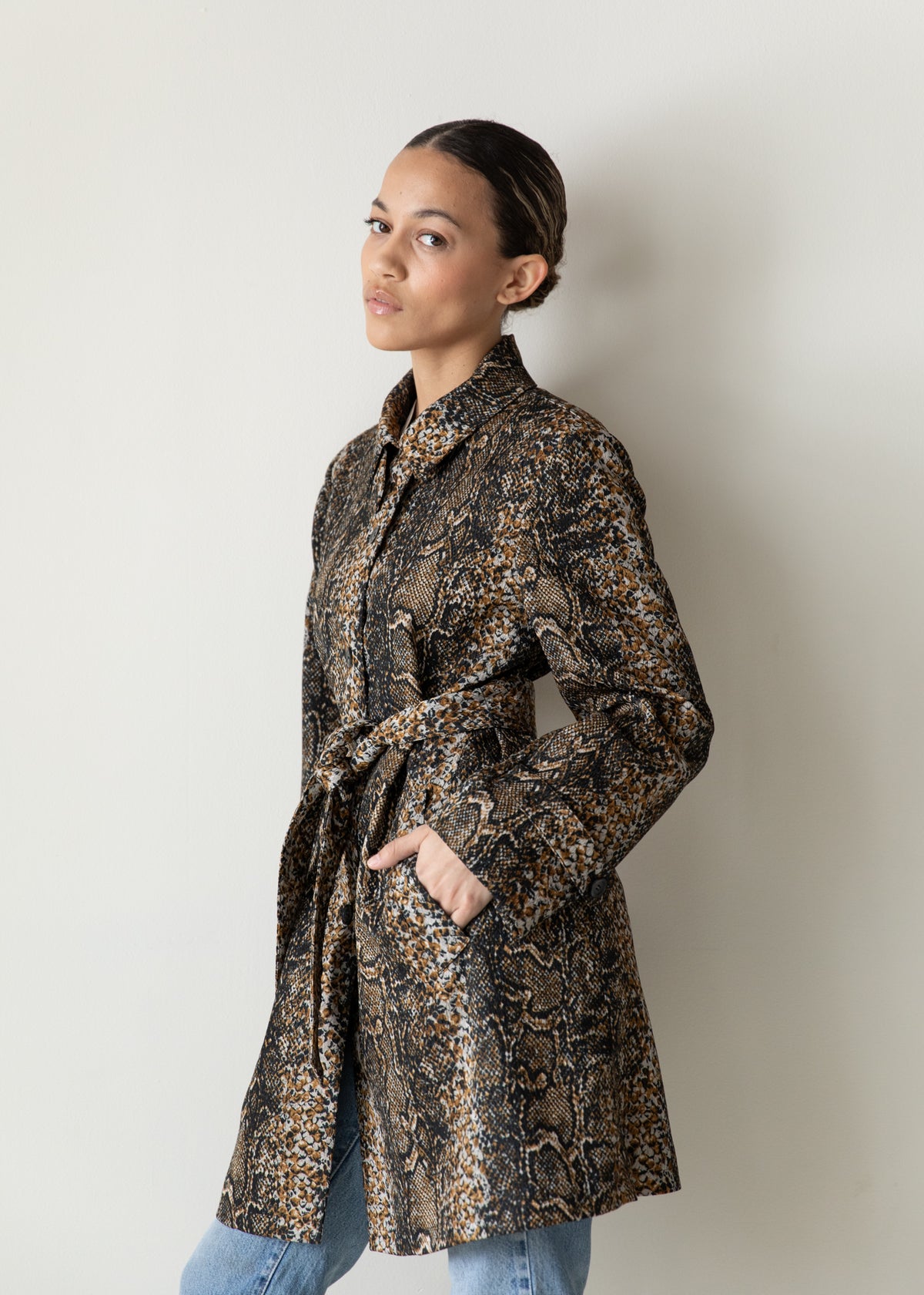 Vintage Snakeskin Print Belted Jacket in Black Brown