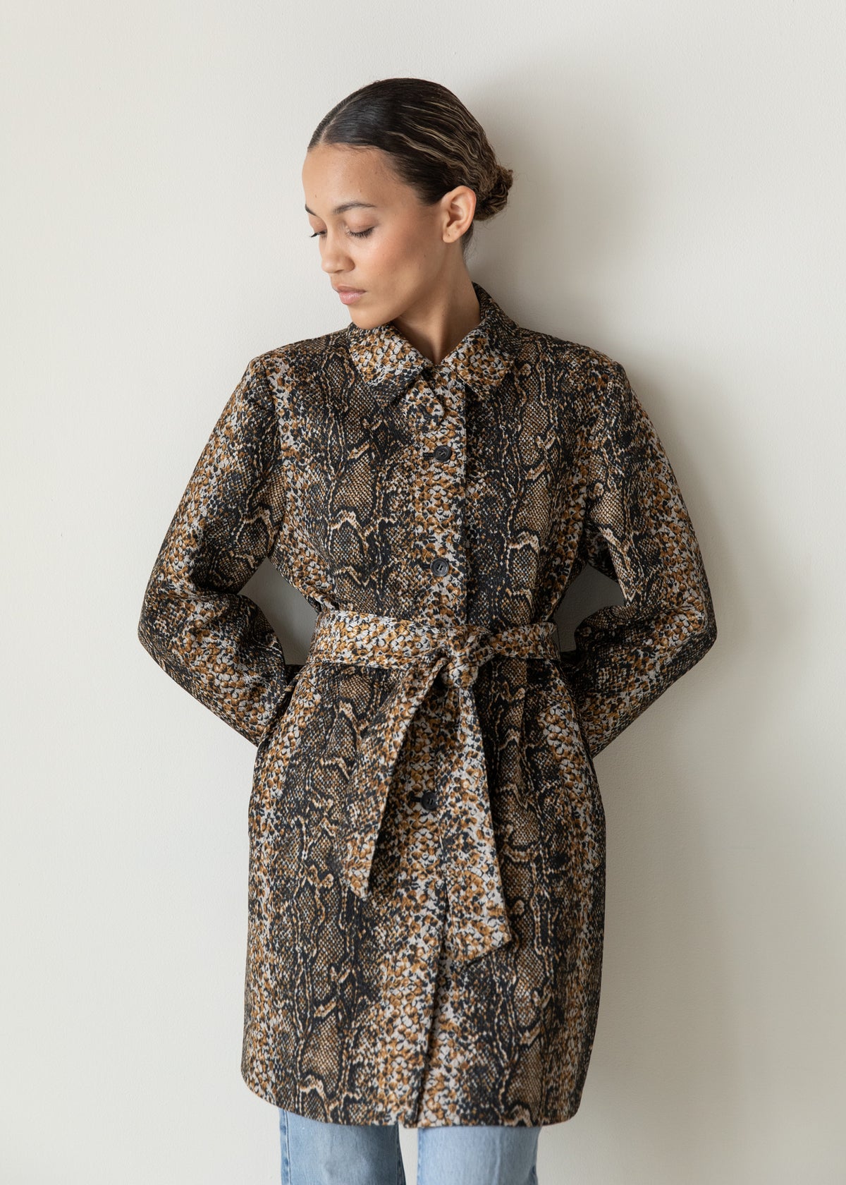 Vintage Snakeskin Print Belted Jacket in Black Brown