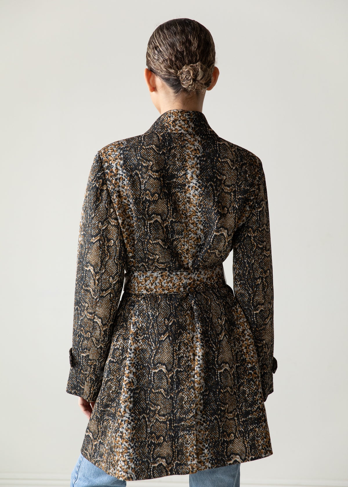 Vintage Snakeskin Print Belted Jacket in Black Brown