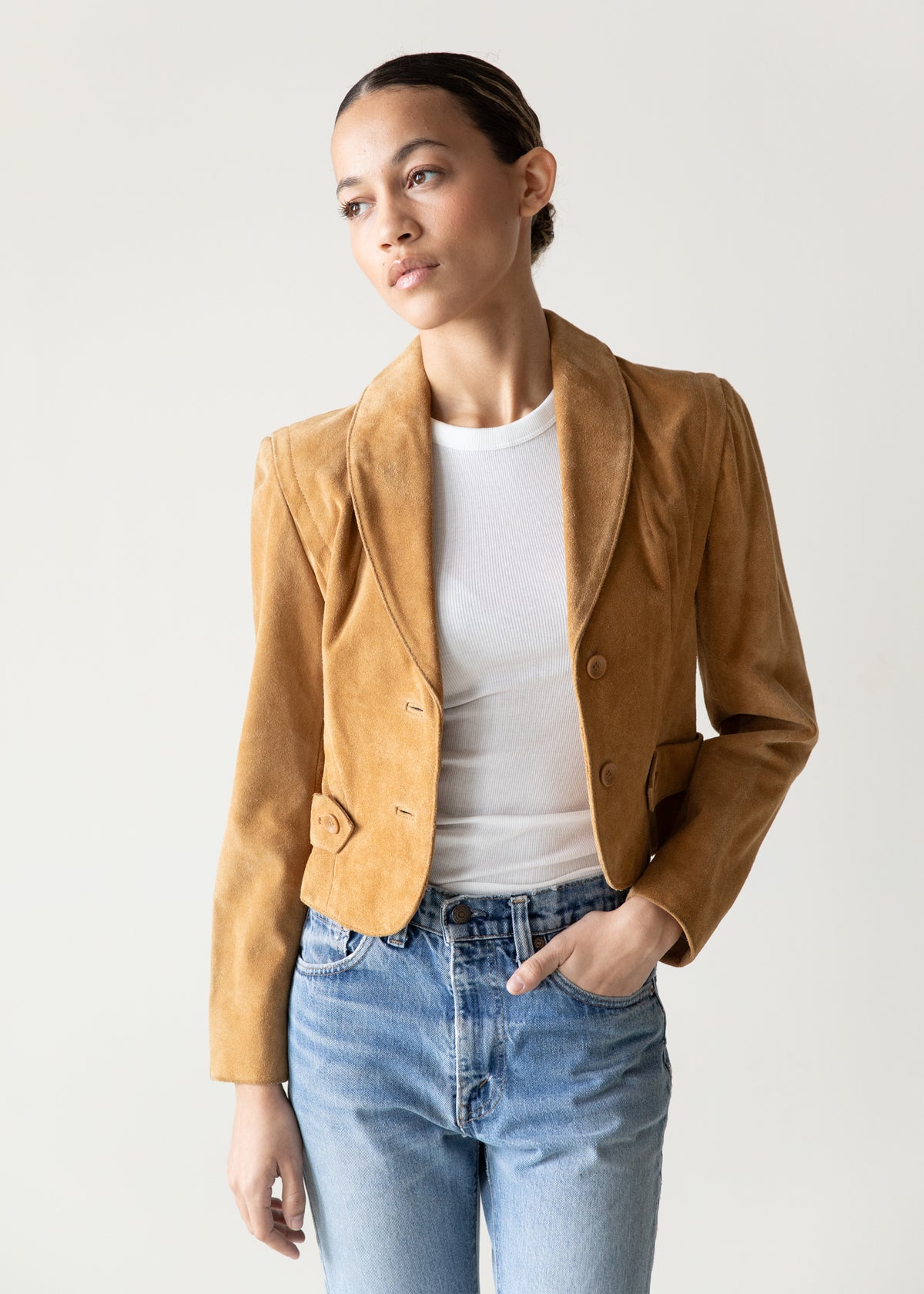 Vintage Cropped Suede Jacket in Camel
