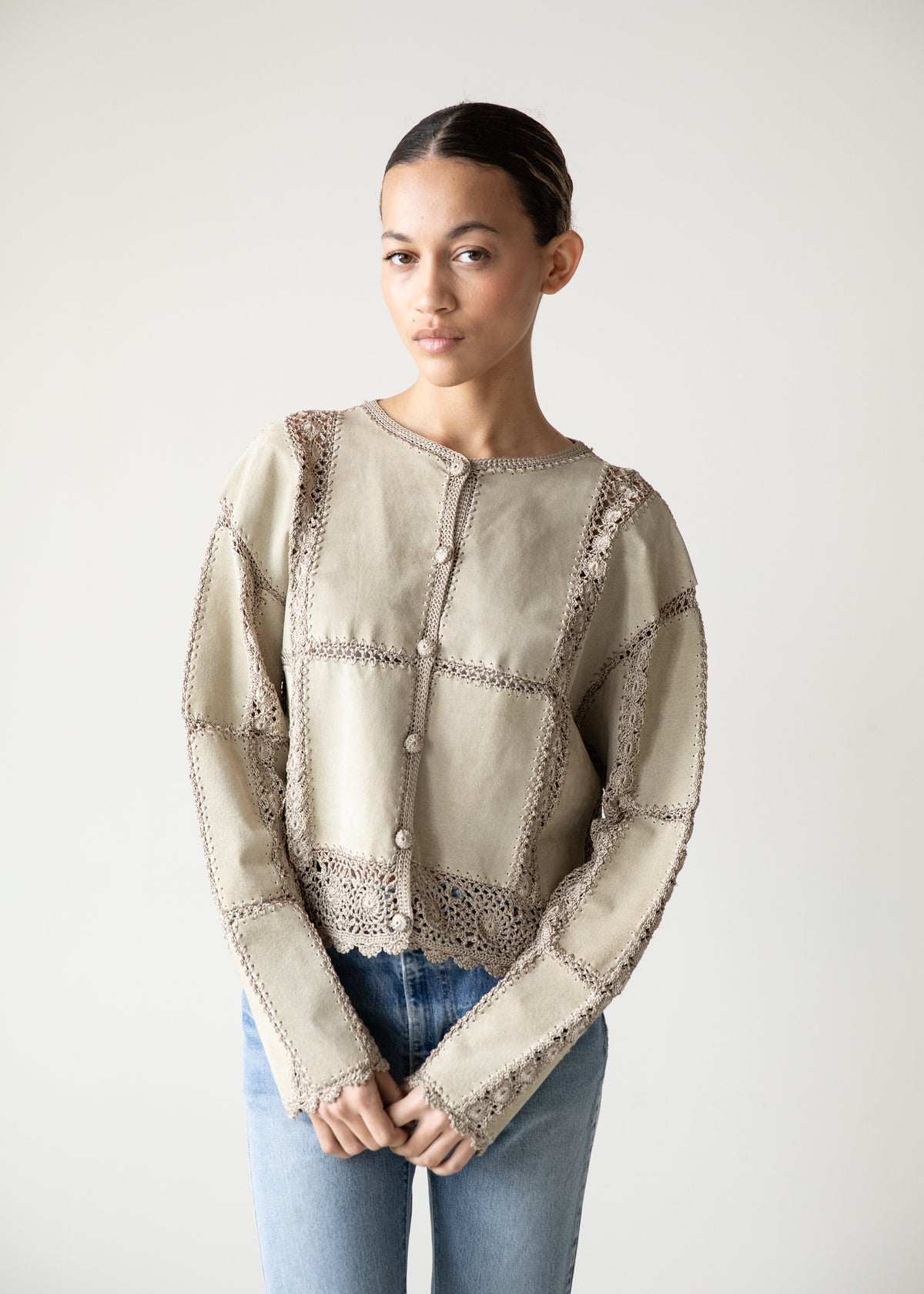 Vintage Suede Crochet Jacket in Sand