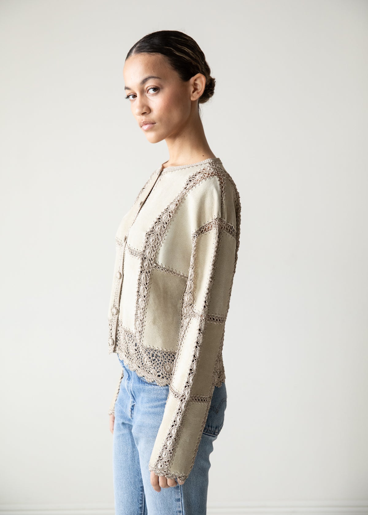 Vintage Suede Crochet Jacket in Sand