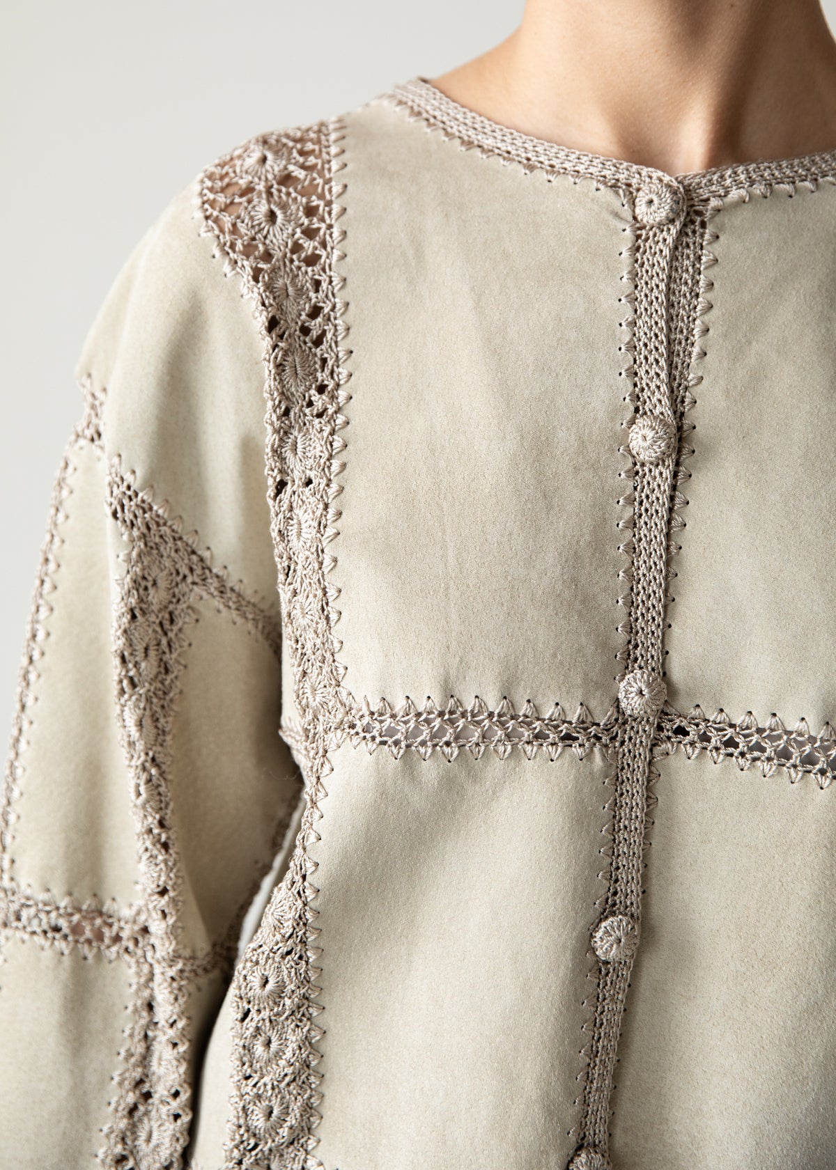 Vintage Suede Crochet Jacket in Sand