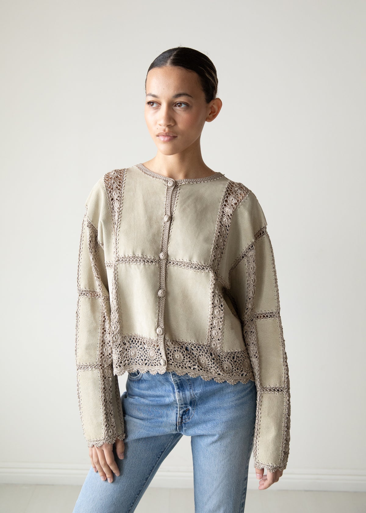 Vintage Suede Crochet Jacket in Sand