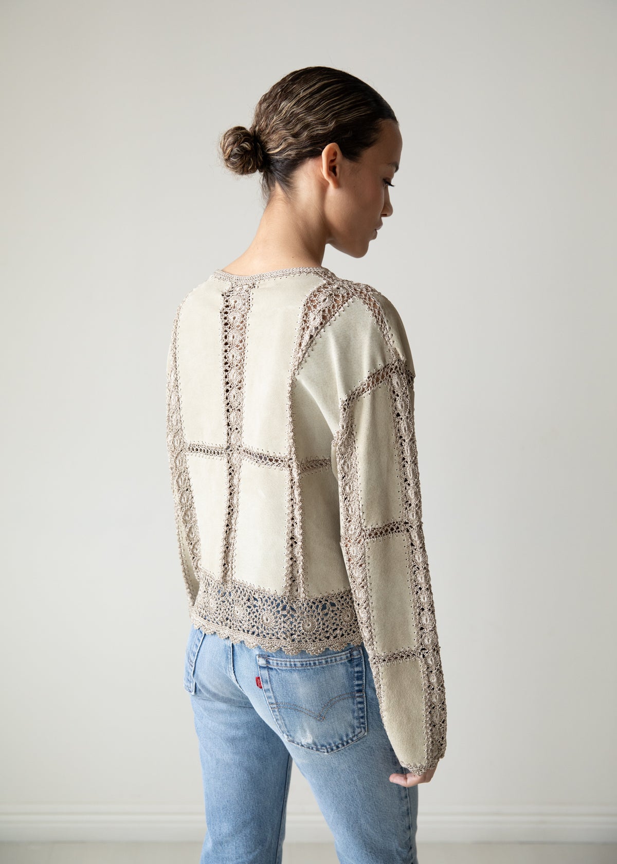 Vintage Suede Crochet Jacket in Sand