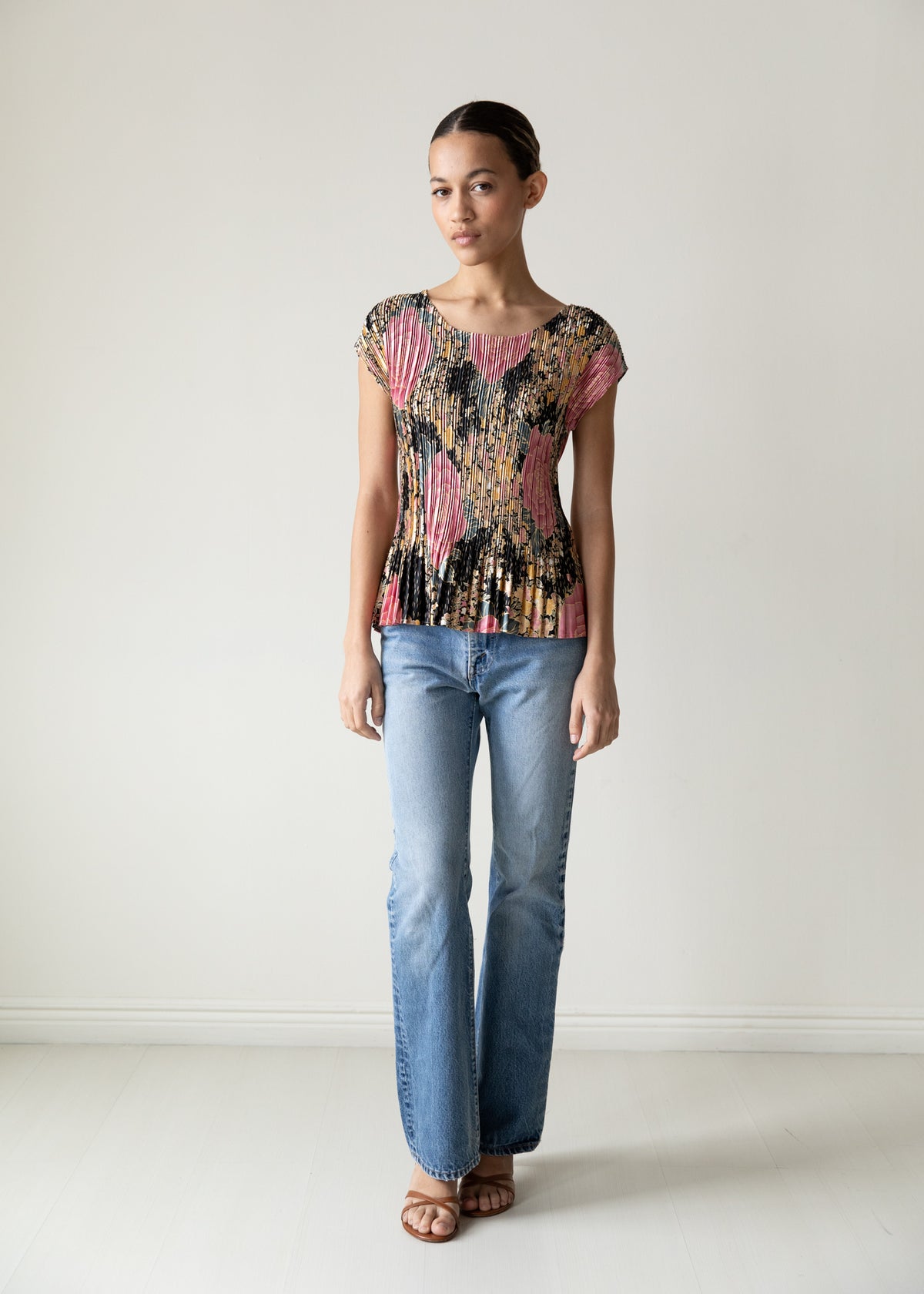 Vintage Micro Pleated Top in Black Floral