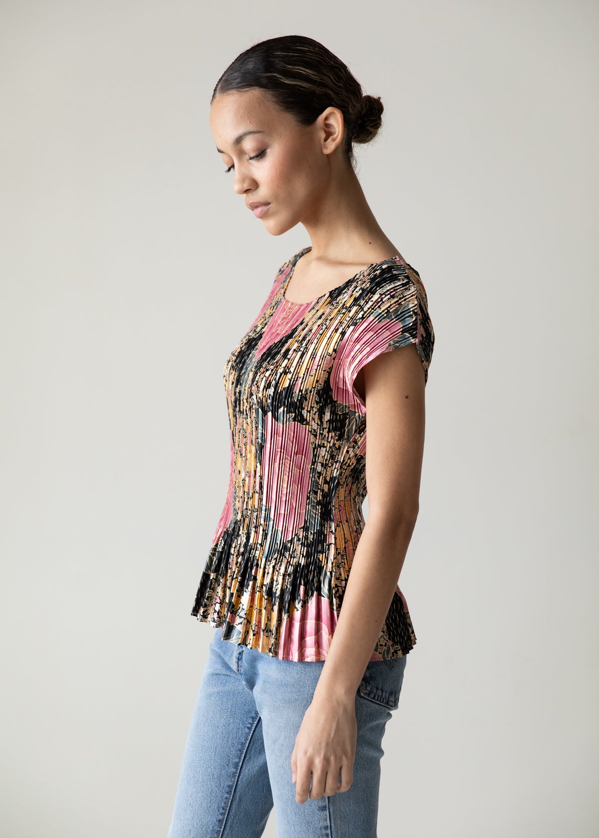 Vintage Micro Pleated Top in Black Floral