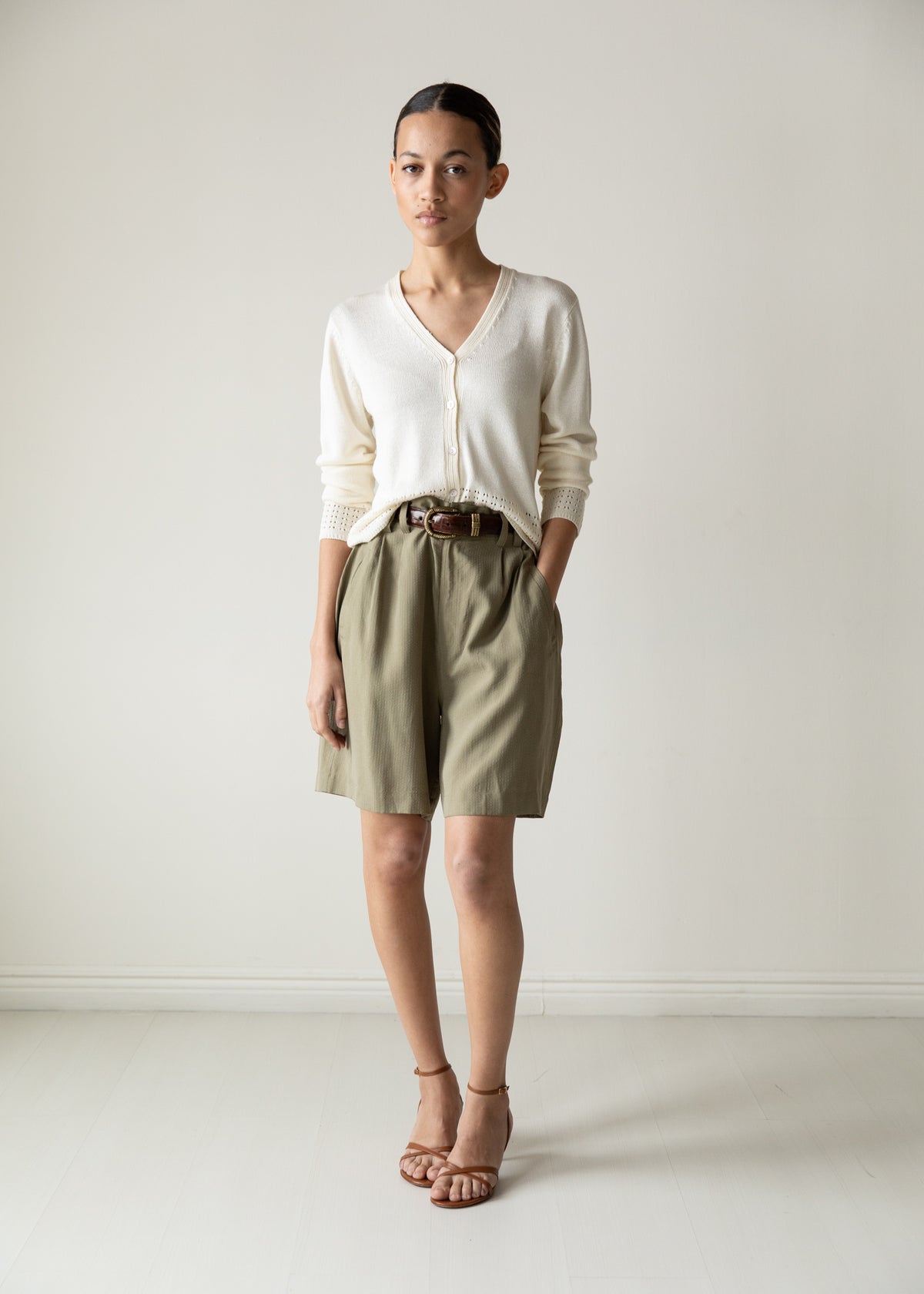 Vintage High Waist Pleated Silk Shorts in Olive