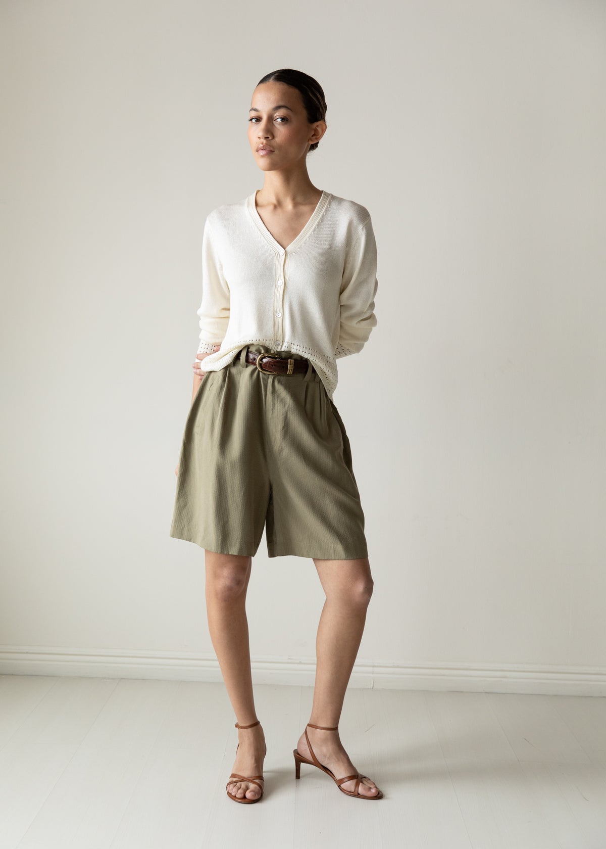 Vintage High Waist Pleated Silk Shorts in Olive
