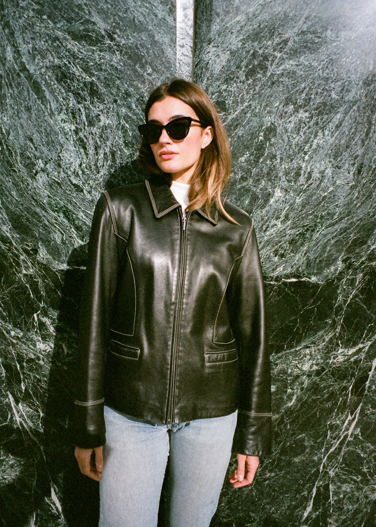 Vintage Zip Front Black Leather Stitched Jacket