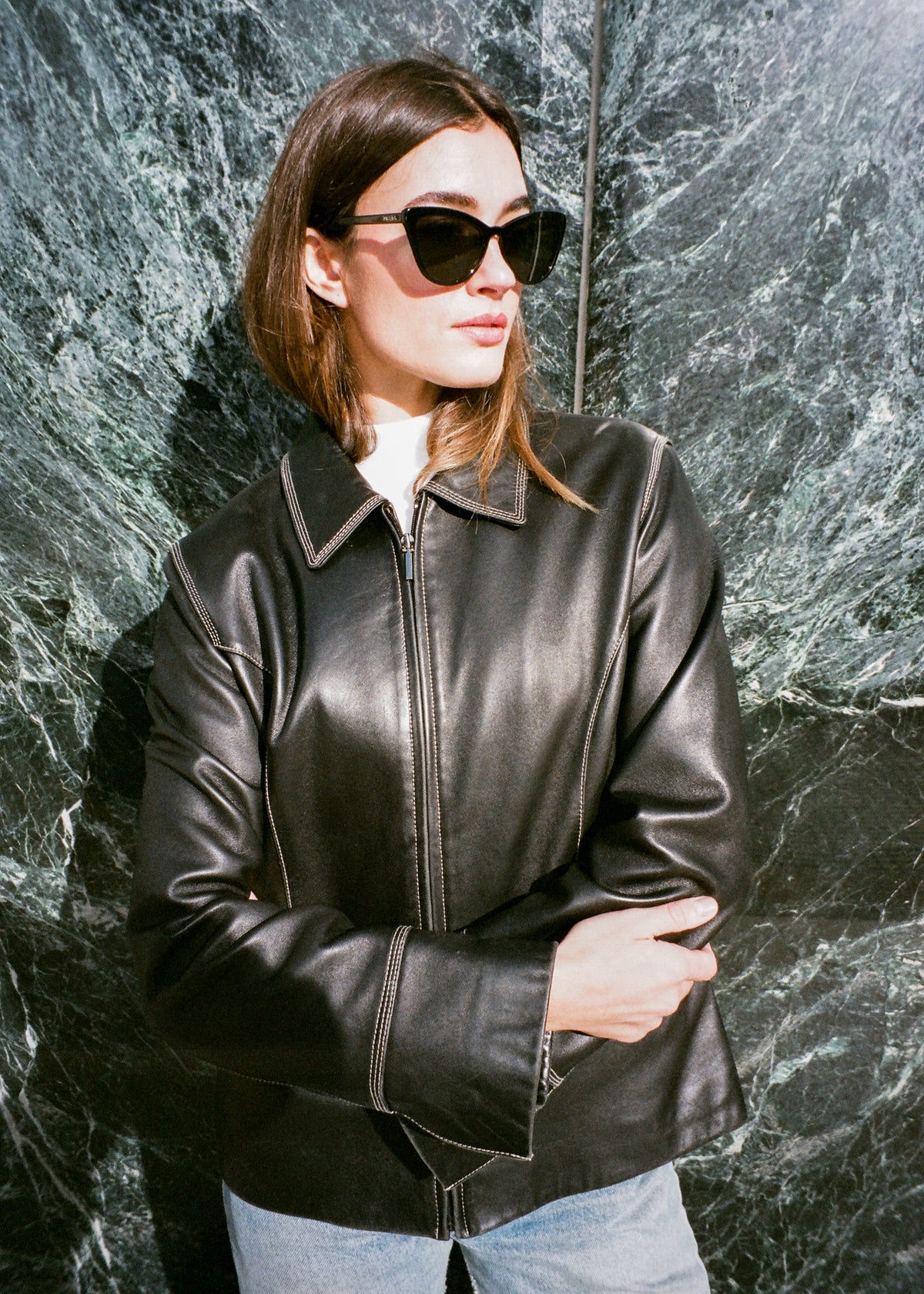 Vintage Zip Front Black Leather Stitched Jacket