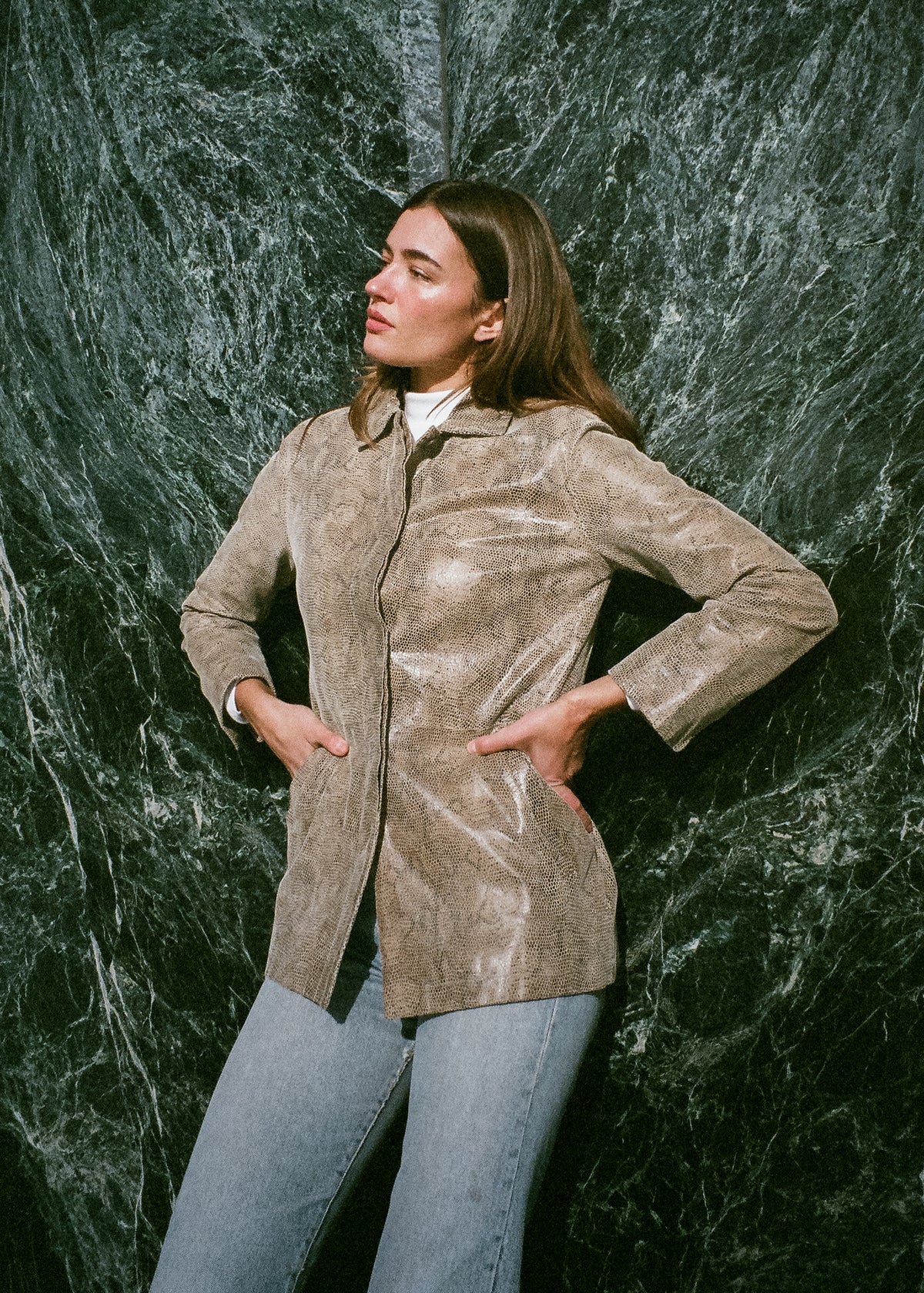 Vintage Y2K Embossed Leather Jacket in Taupe Snake