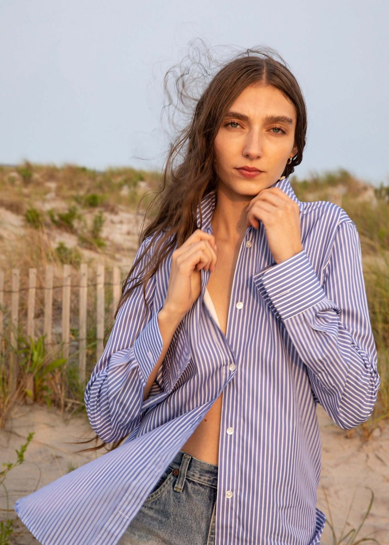 ESTELLA | Gemma Button Up Shirt in Cornflower Stripe Cotton Poplin