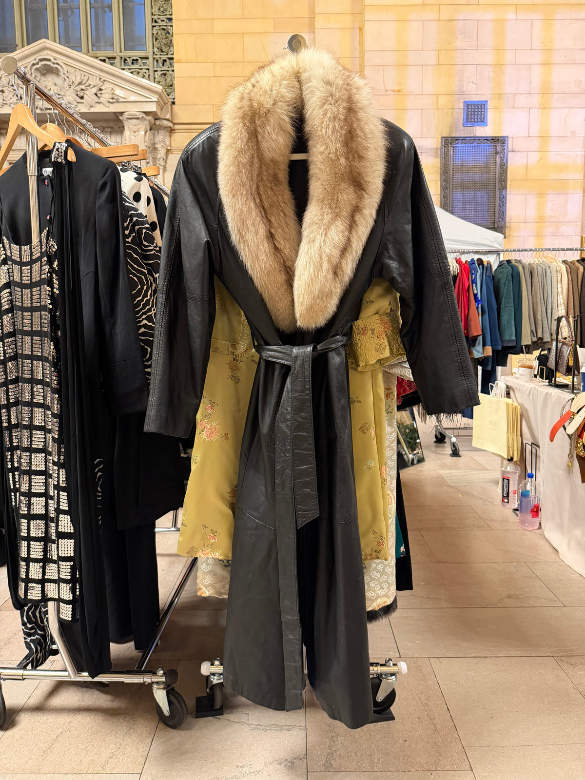 Vtg 80s Black Leather Trench with Fox Fur Collar