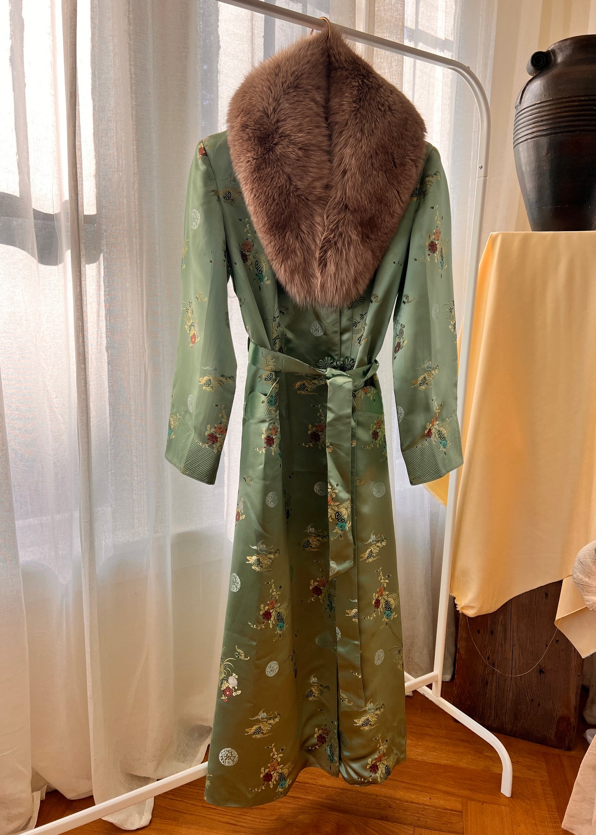 Vintage Jade Geen Maxi Floral Brocade Fur Collar Jacket