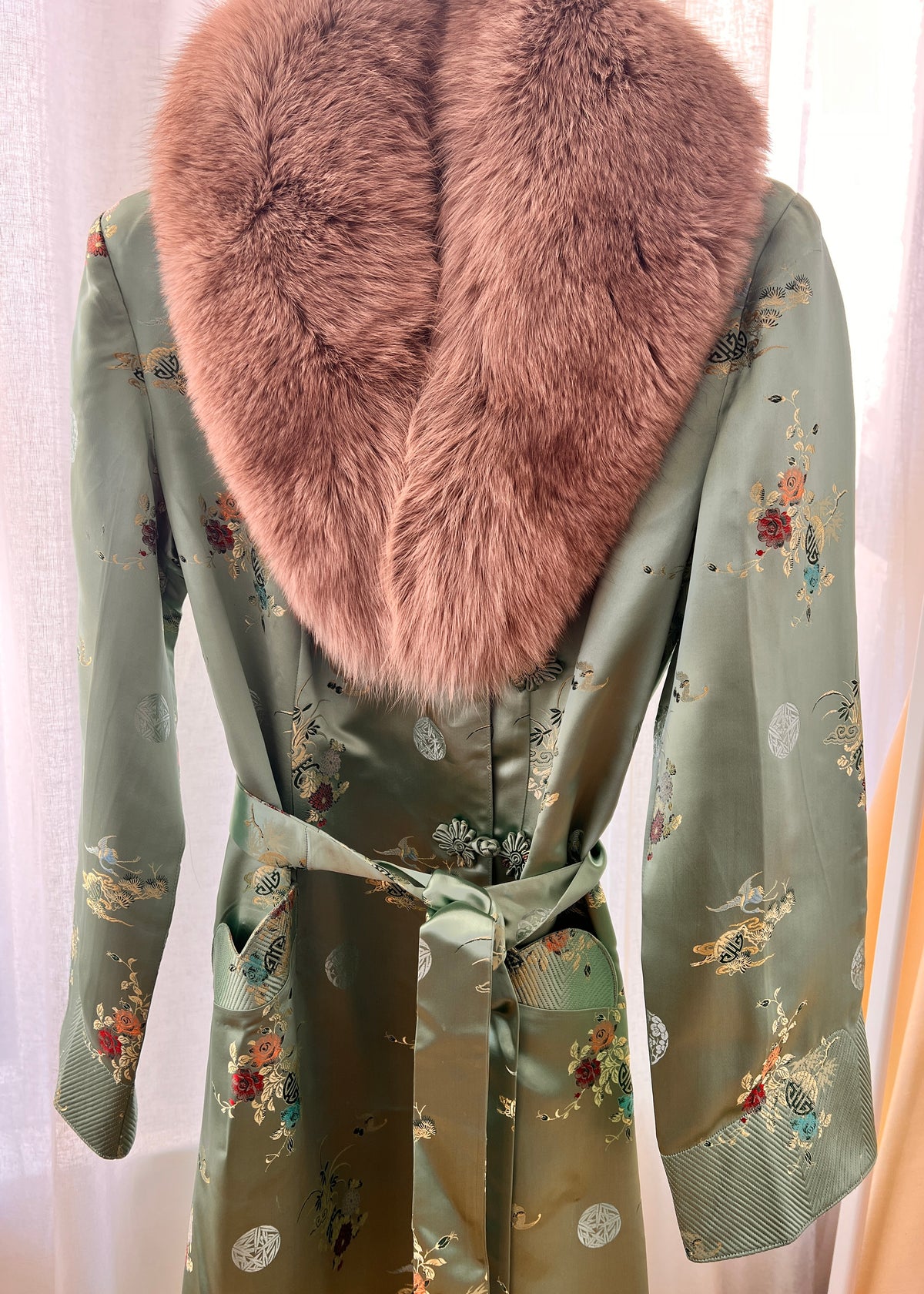 Vintage Jade Geen Maxi Floral Brocade Fur Collar Jacket