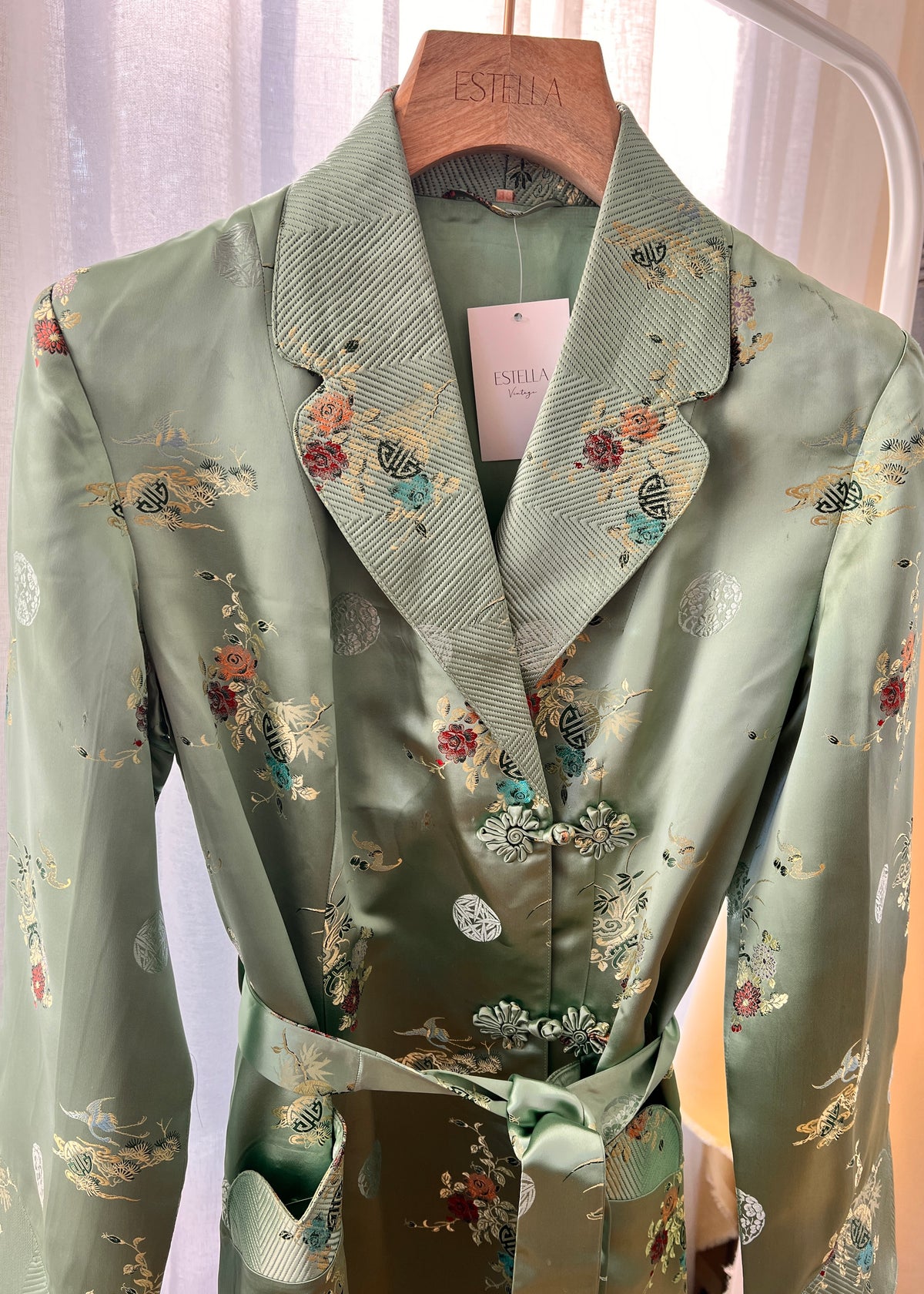 Vintage Jade Geen Maxi Floral Brocade Fur Collar Jacket