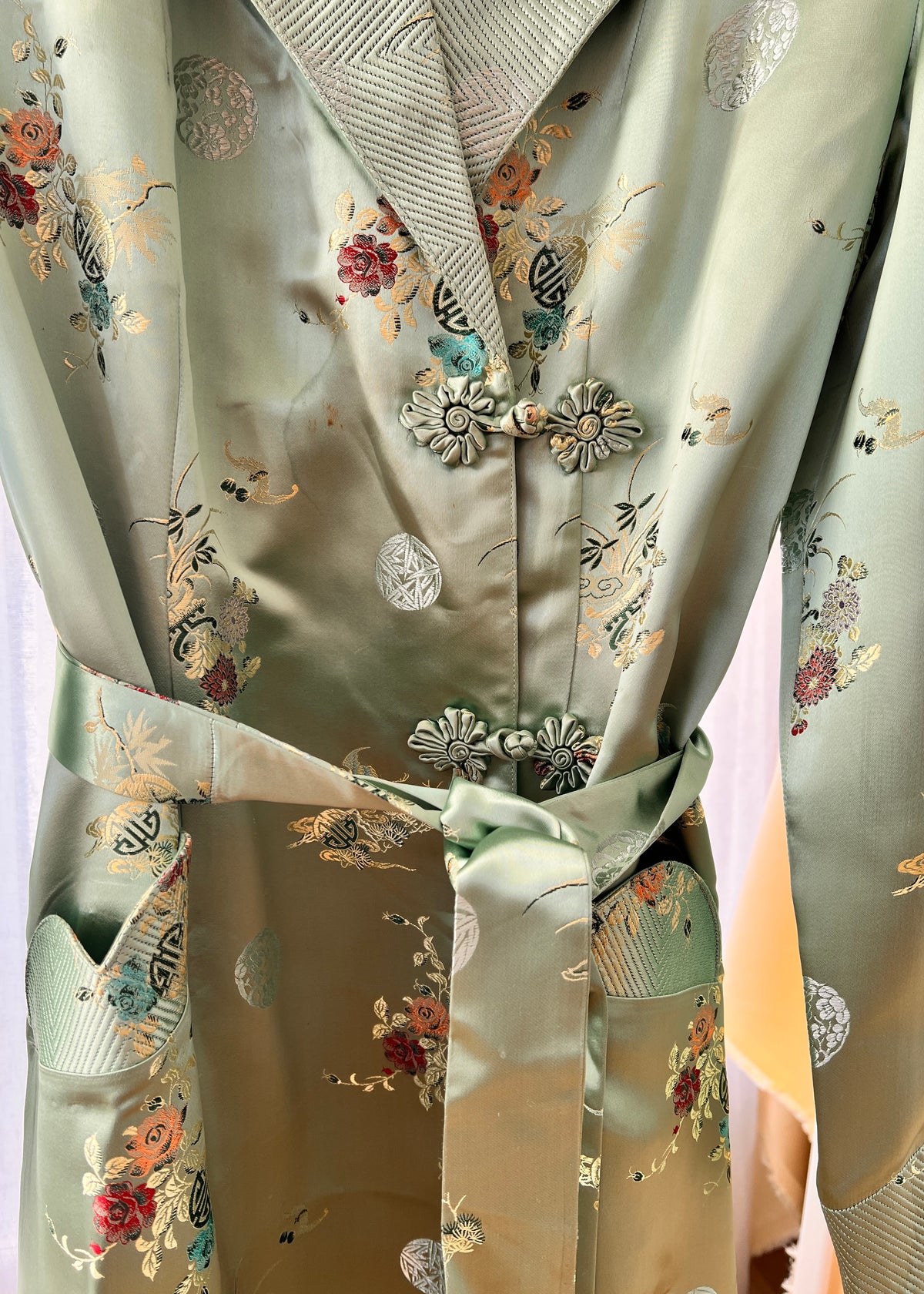 Vintage Jade Geen Maxi Floral Brocade Fur Collar Jacket