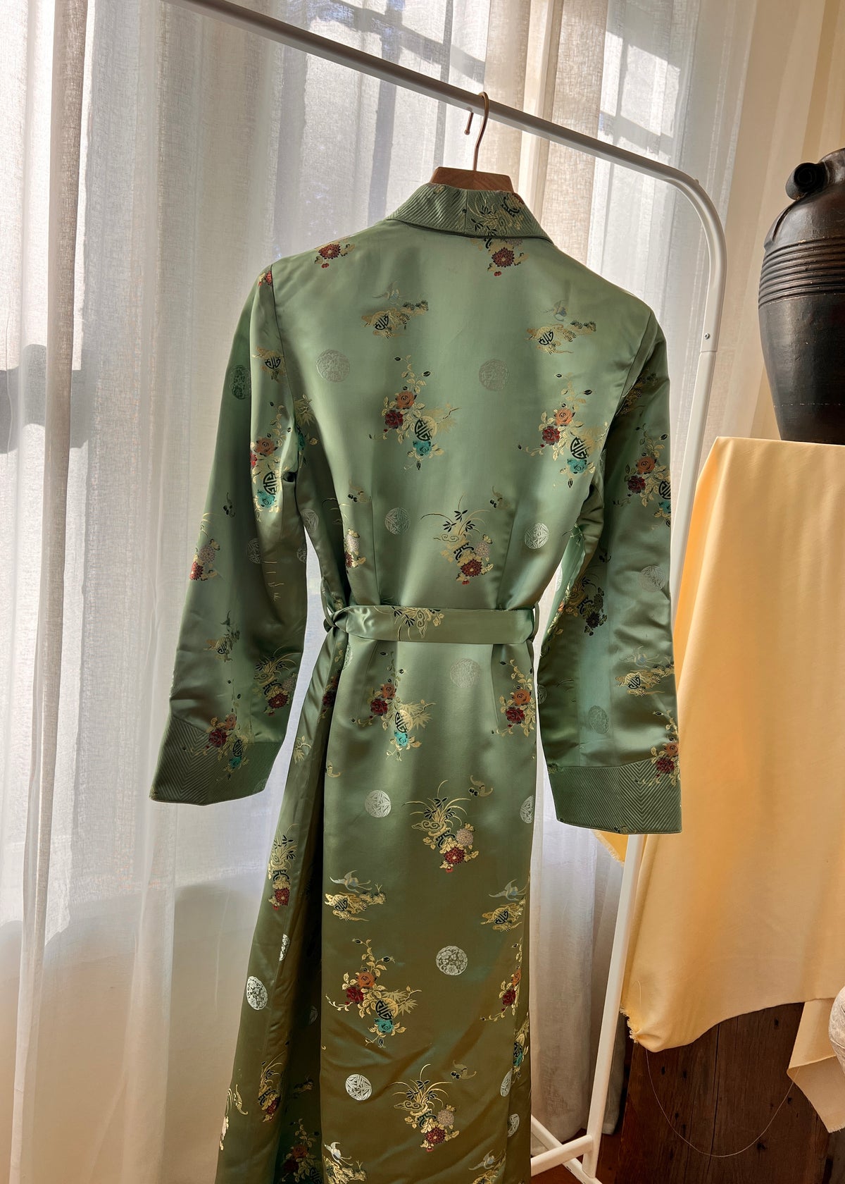 Vintage Jade Geen Maxi Floral Brocade Fur Collar Jacket
