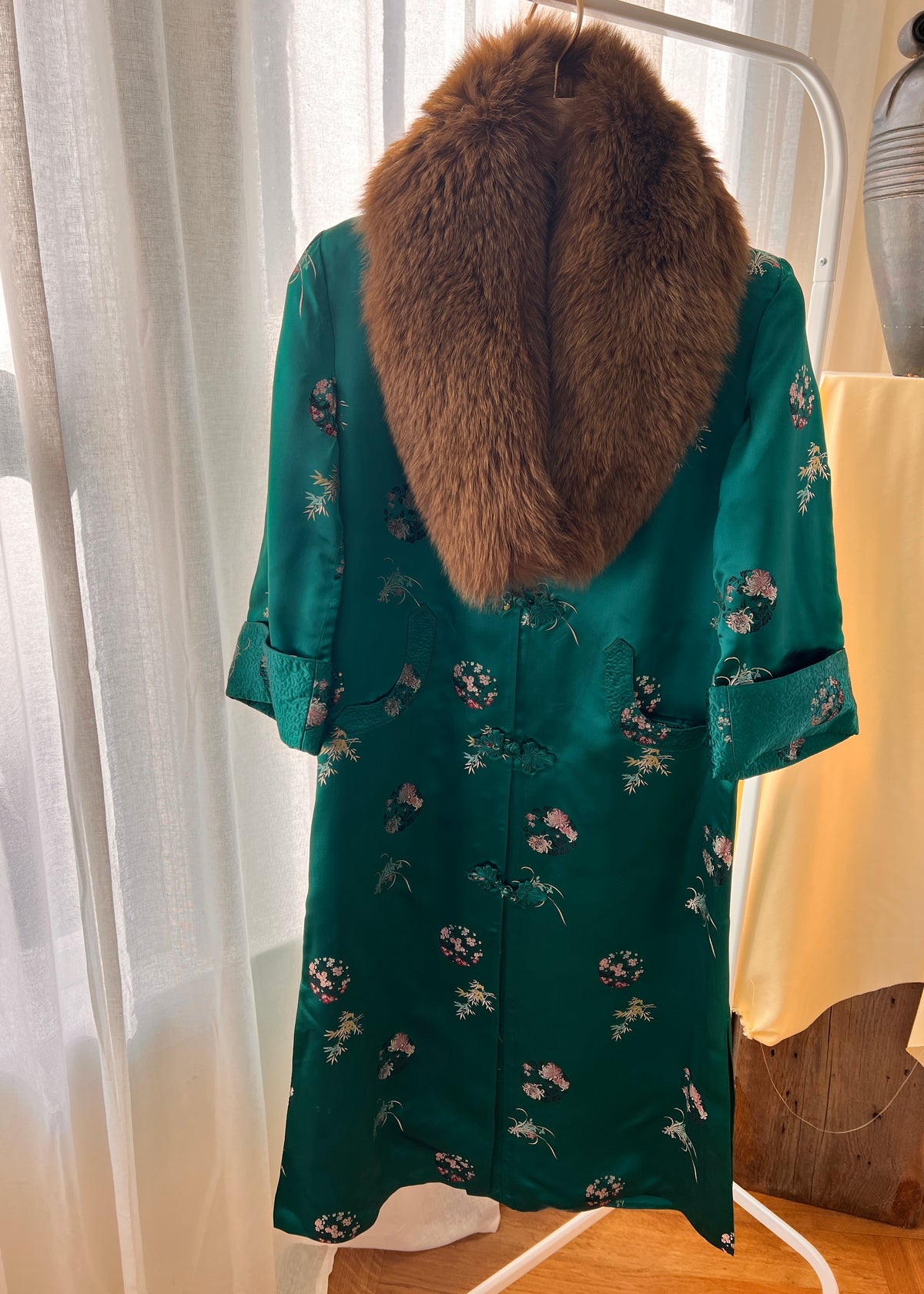 Vintage Emerald Geen Floral Brocade Fur Collar Jacket