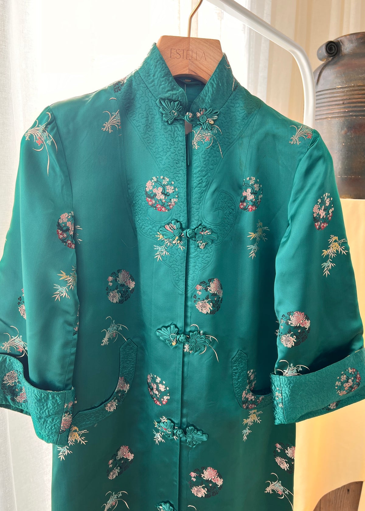 Vintage Emerald Geen Floral Brocade Fur Collar Jacket