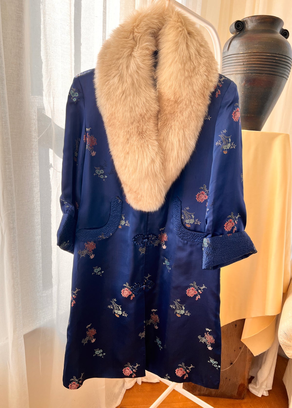 Vintage Sapphire Blue Floral Brocade Fur Collar Jacket
