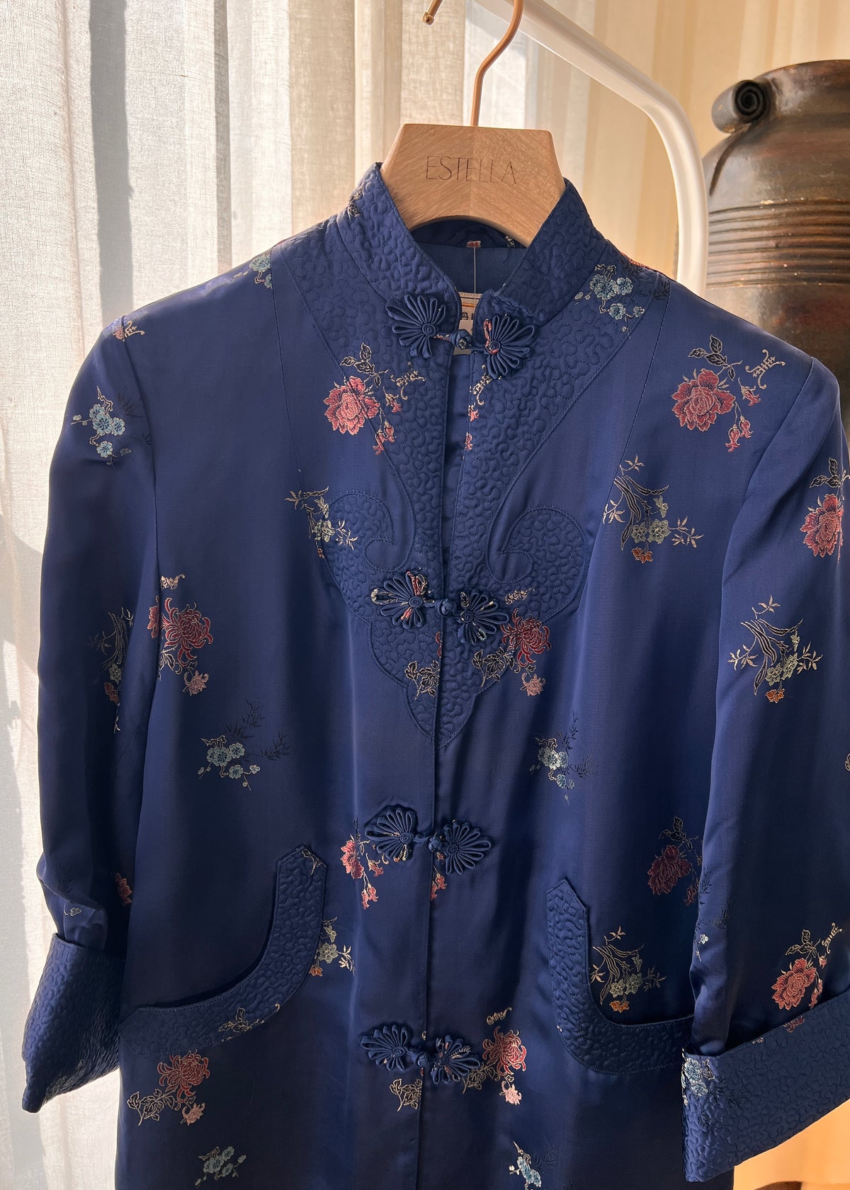 Vintage Sapphire Blue Floral Brocade Fur Collar Jacket