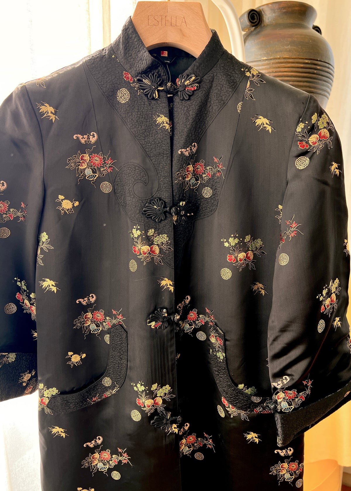 Vintage Black Floral Brocade Fur Collar Jacket