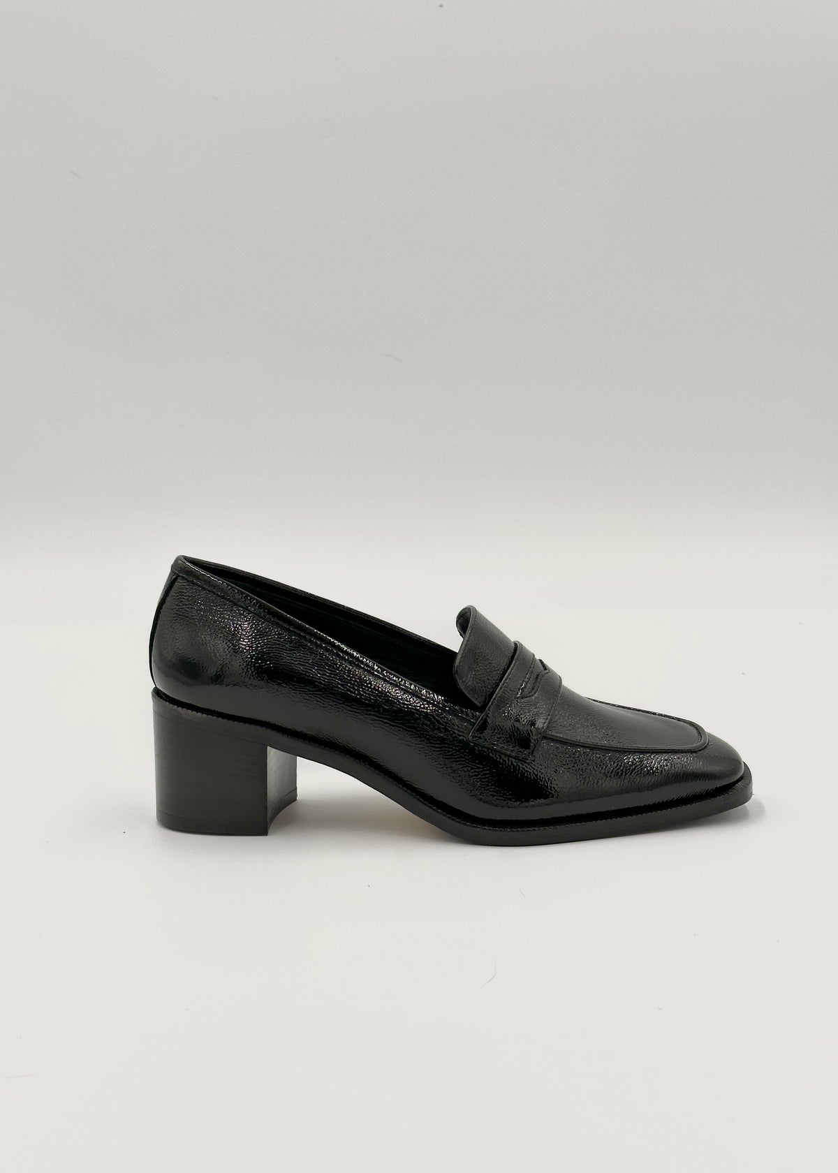 Alice Heeled Penny Loafer in Black Patent Leather