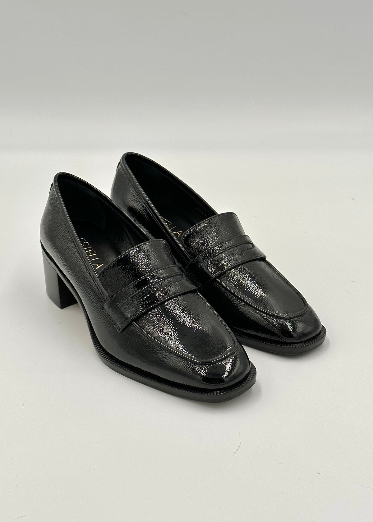 Alice Heeled Penny Loafer in Black Patent Leather