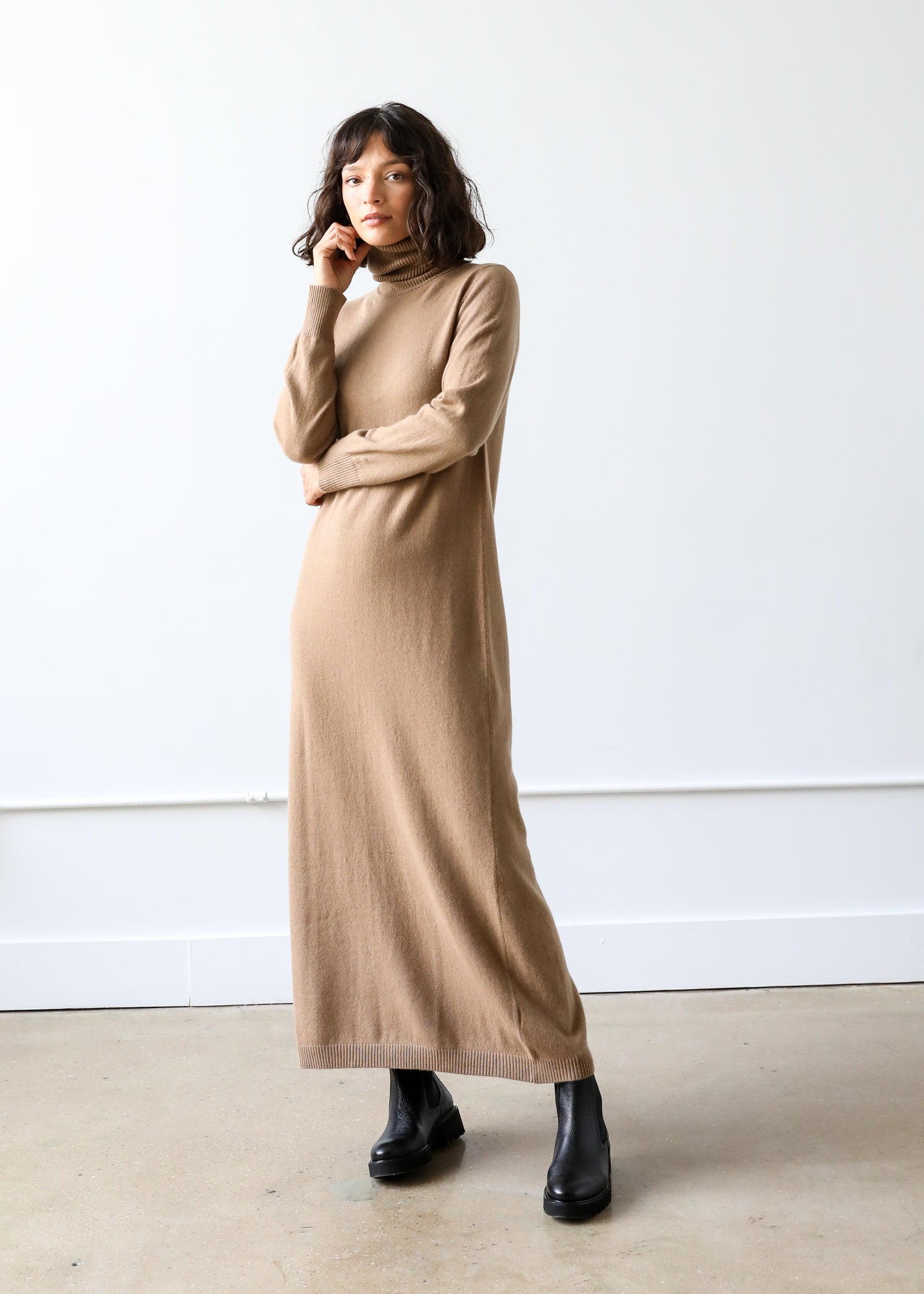 Estella NYC Lucia Turtleneck Dress in Camel Cashmere