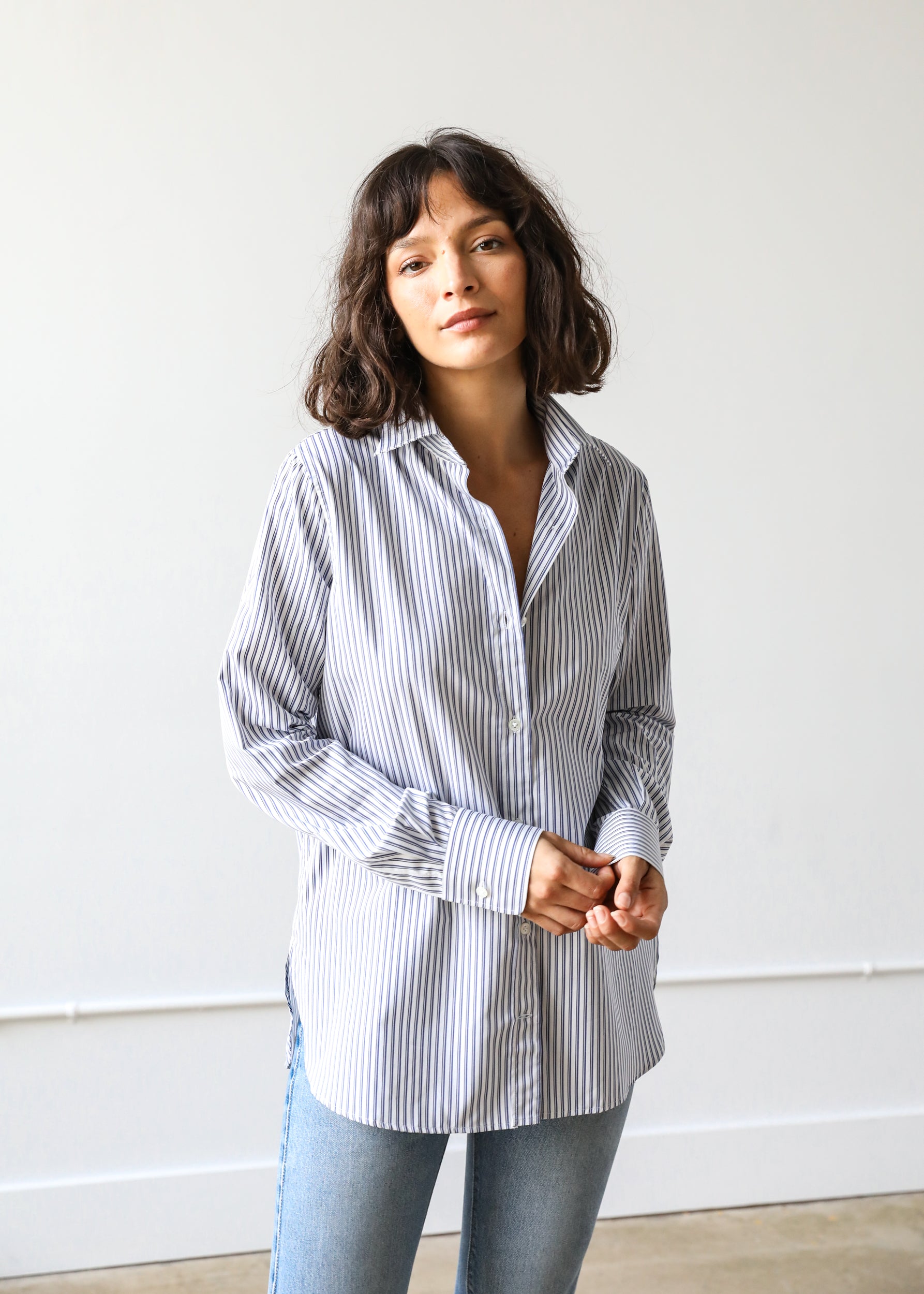 Estella NYC Gemma Button Up Shirt in Mini Blue Stripe Cotton Poplin