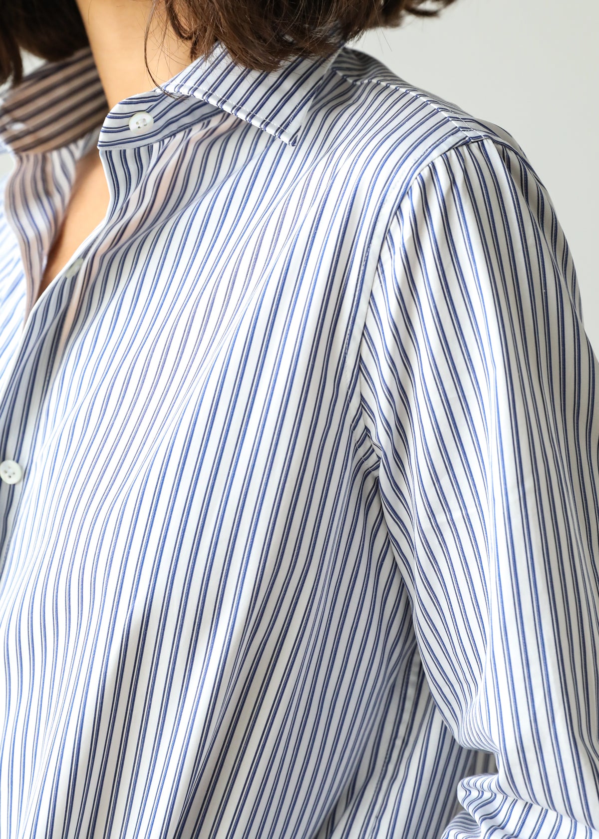 Gemma Button Up Shirt in Mini Blue Stripe Cotton Poplin