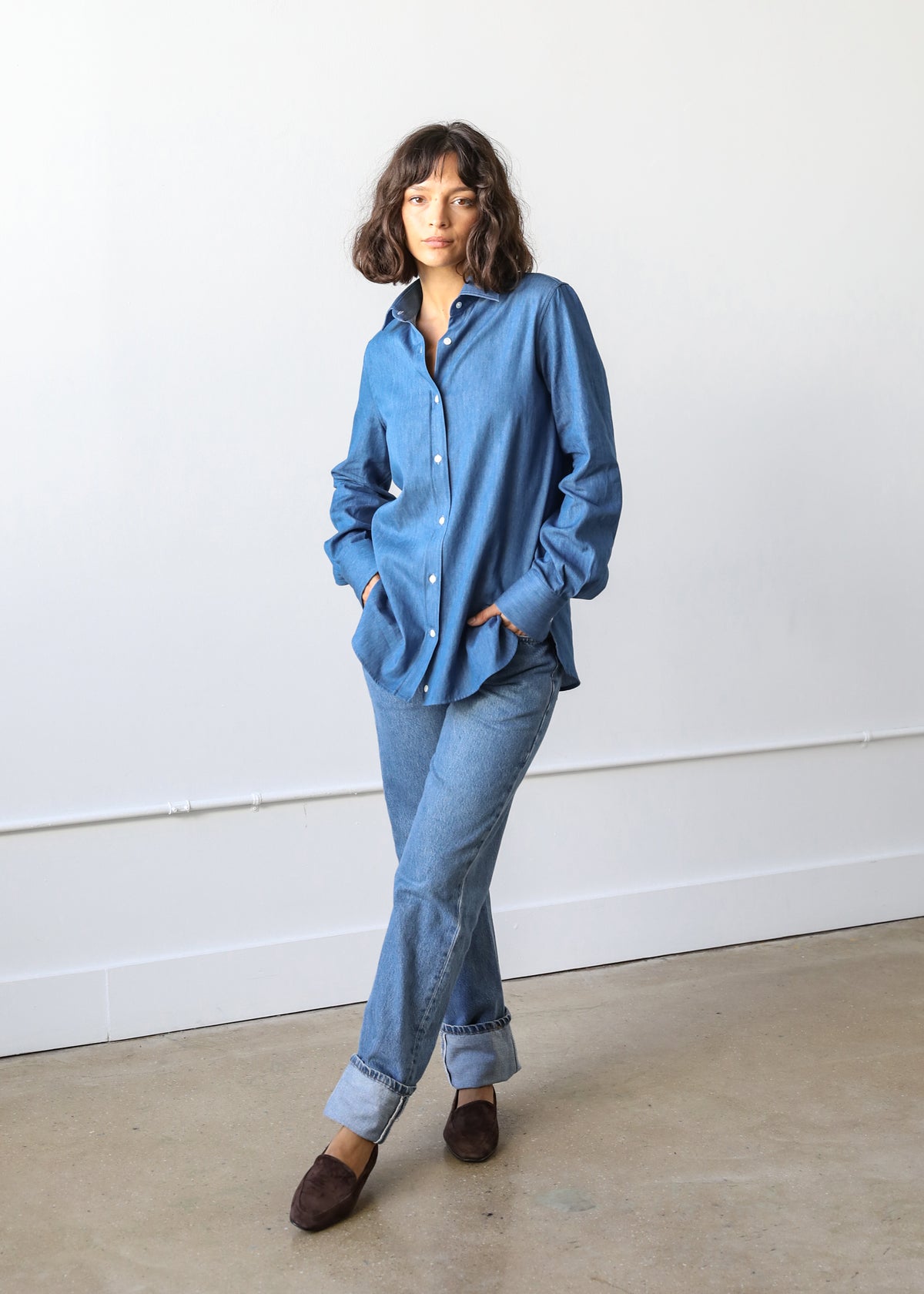 Estella NYC Gemma Button Up Shirt in Denim Twill Cotton Success