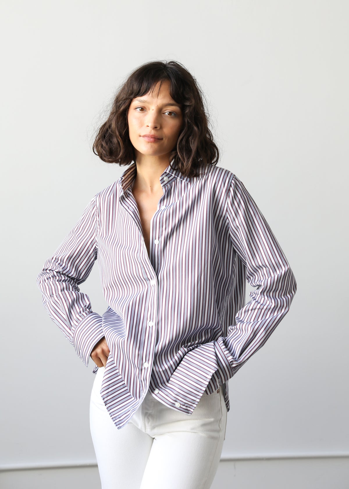 Gemma Button Up Shirt in Maroon Stripe Cotton Poplin