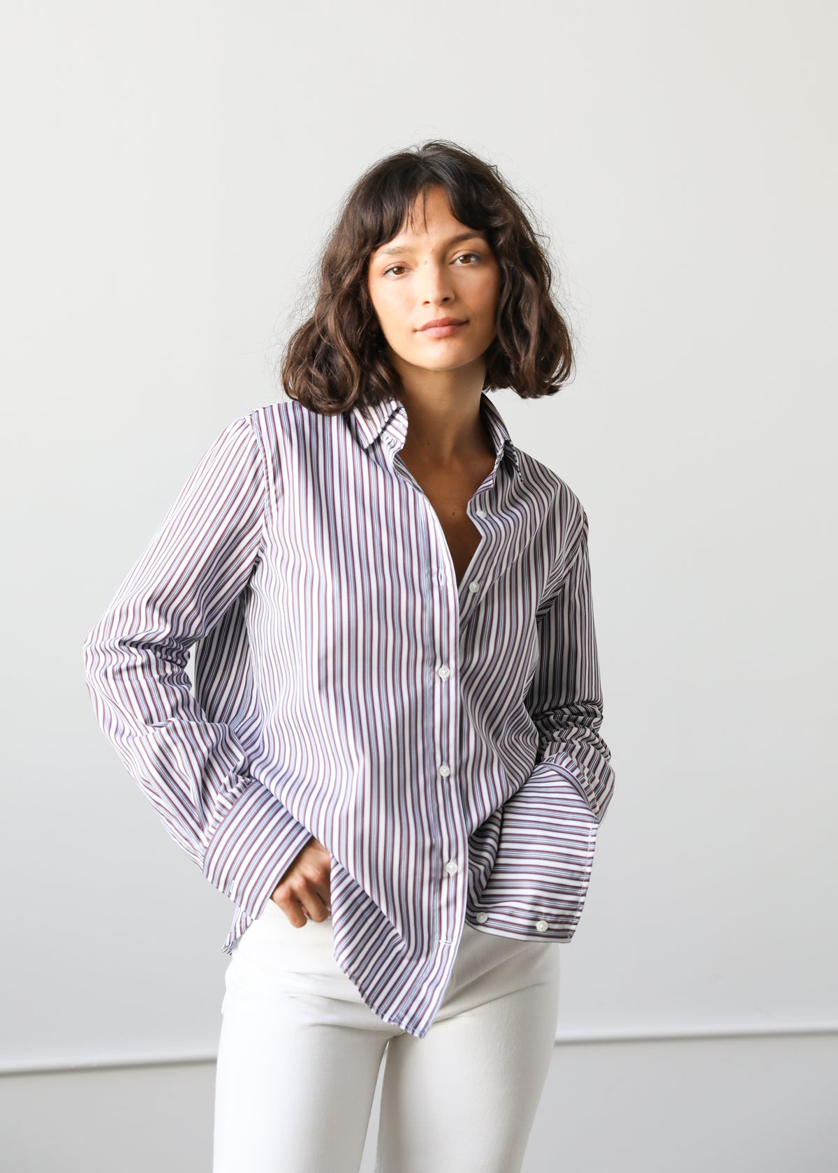 Estella NYC Gemma Button Up Shirt in Maroon Stripe Cotton Poplin