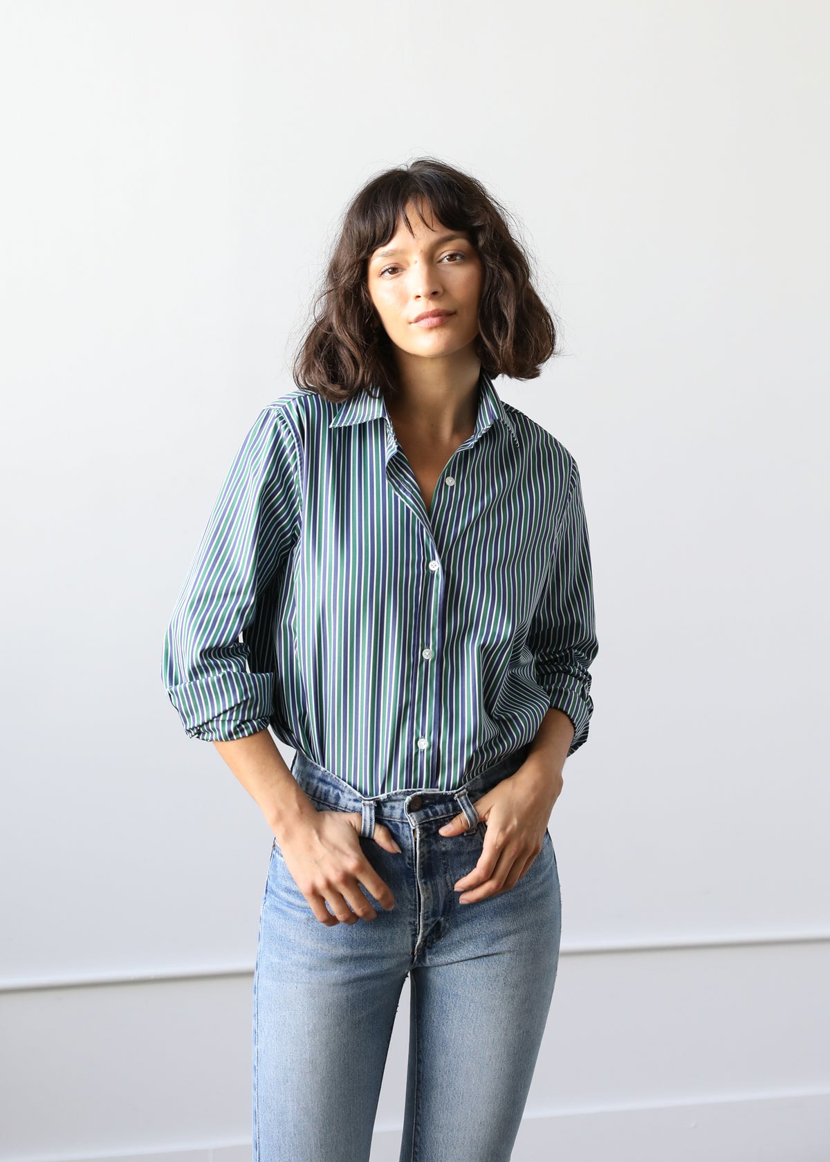 Gemma Button Up Shirt in Pine Stripe Cotton Poplin