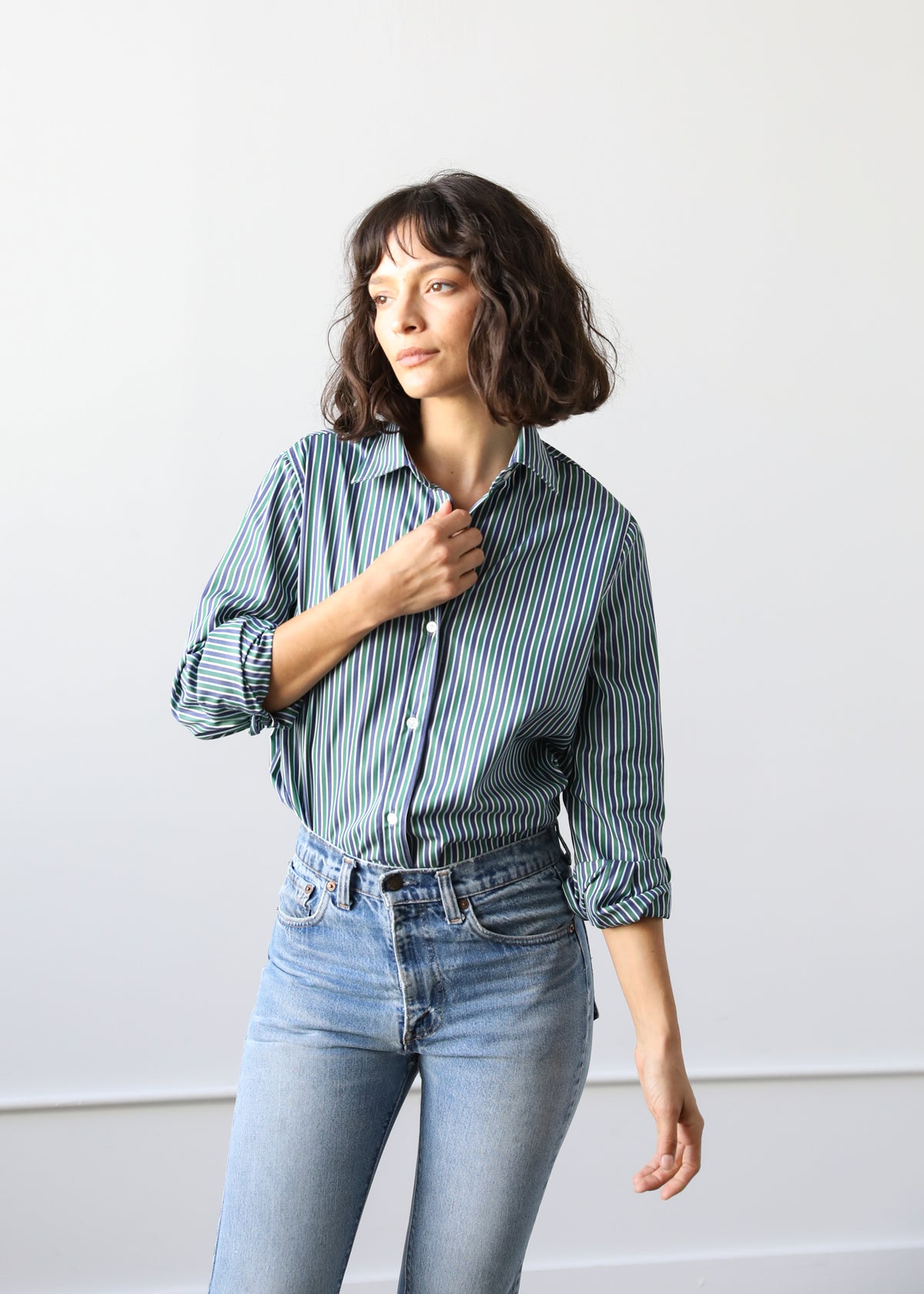 Gemma Button Up Shirt in Pine Stripe Cotton Poplin