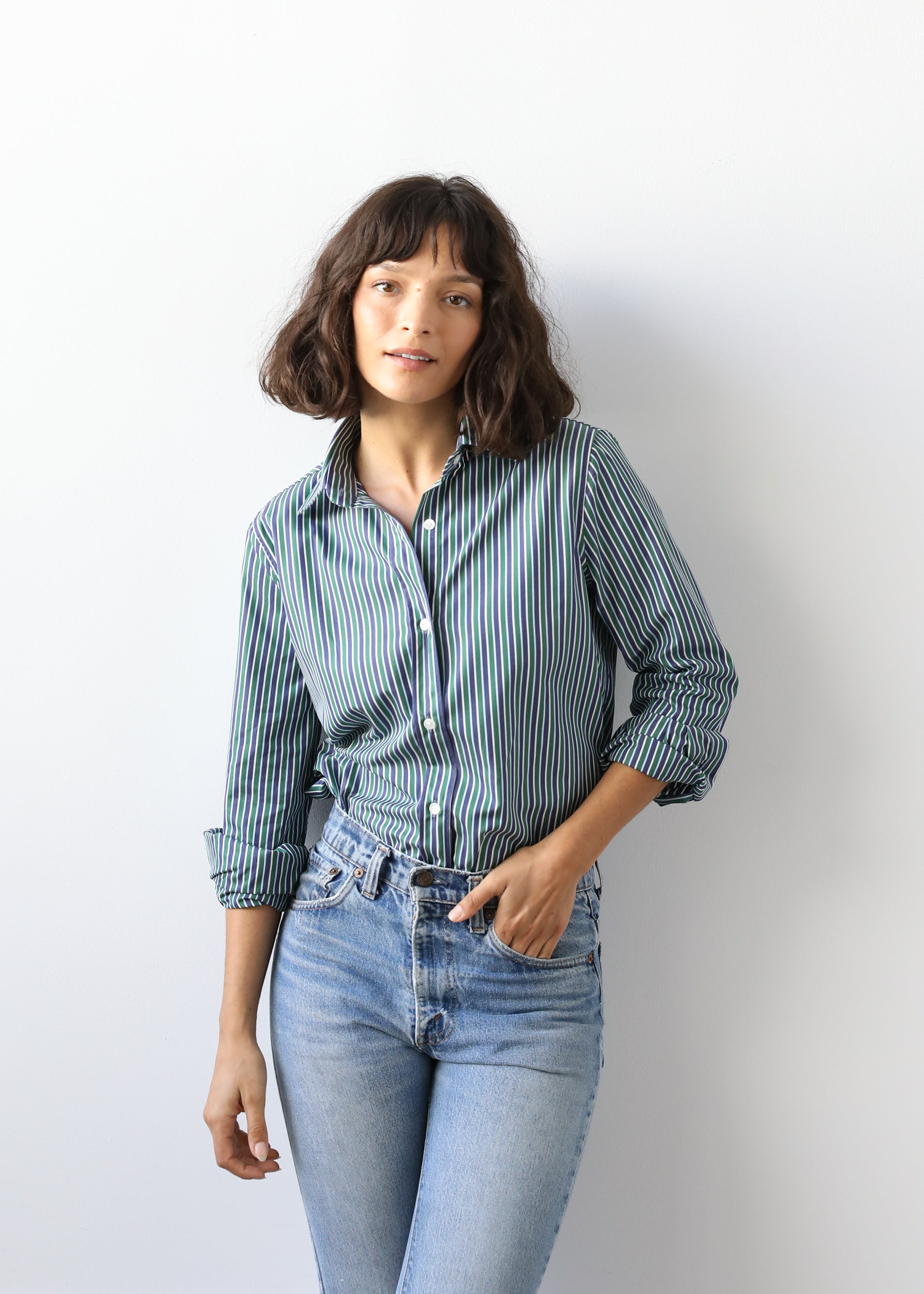 Estella NYC Gemma Button Up Shirt in Pine Stripe Cotton Poplin