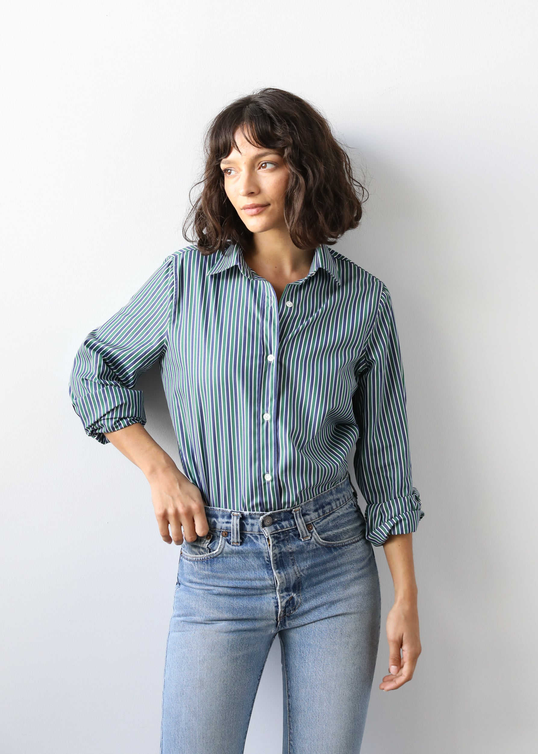 Estella NYC Gemma Button Up Shirt in Pine Stripe Cotton Poplin