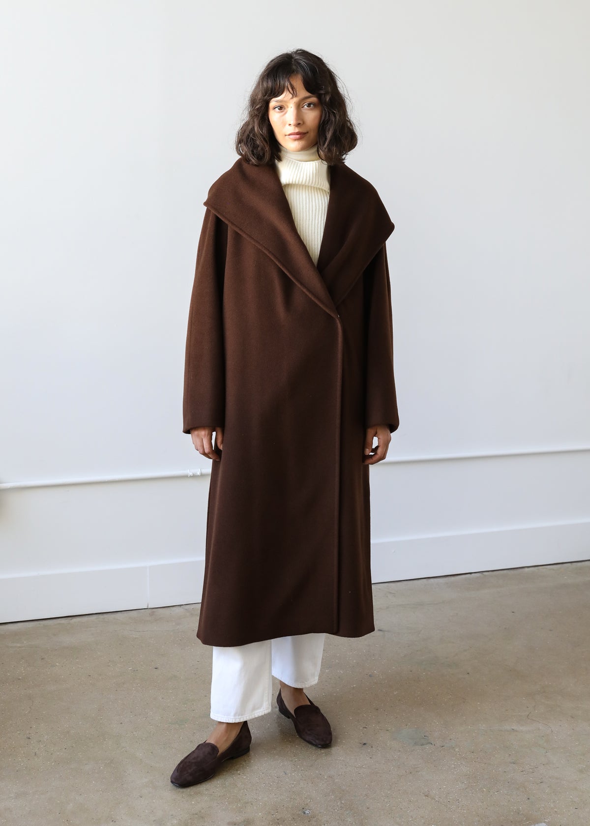 Goff Hooded Wrap Coat in Mocha Brown Virgin Wool