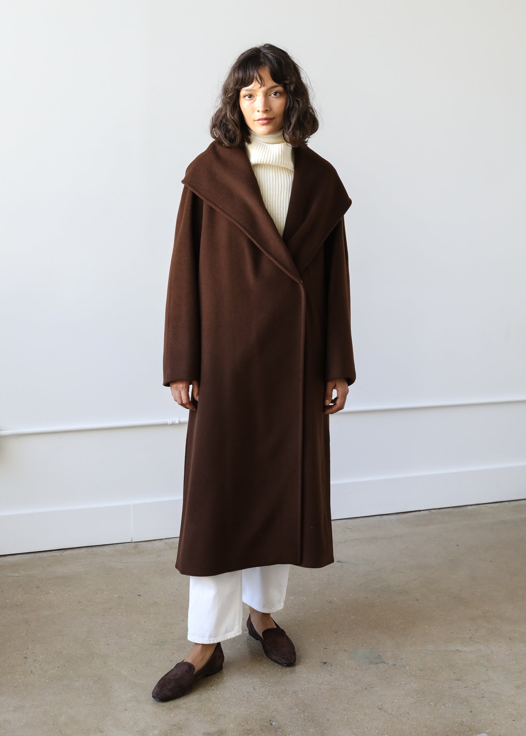 Estella NYC Goff Hooded Wrap Coat in Mocha Brown Virgin Wool