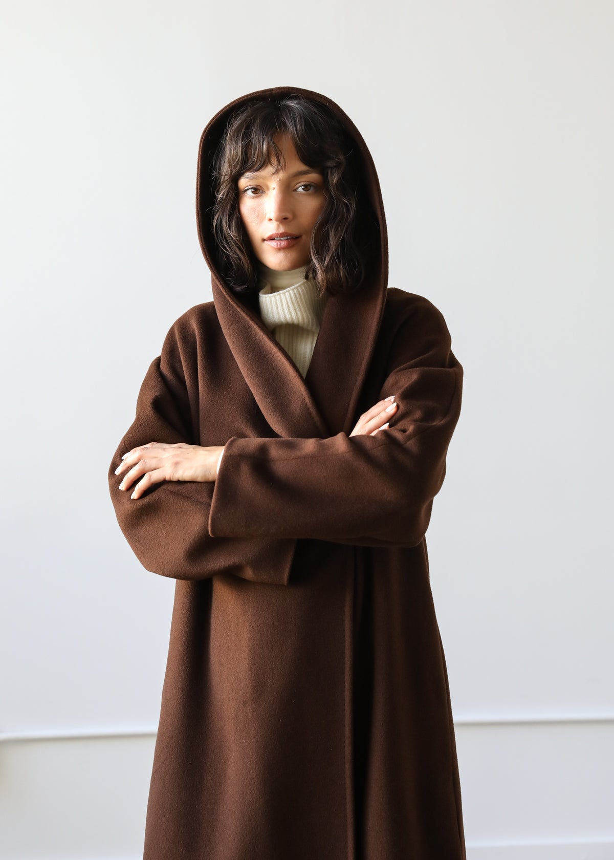 Goff Hooded Wrap Coat in Mocha Brown Virgin Wool