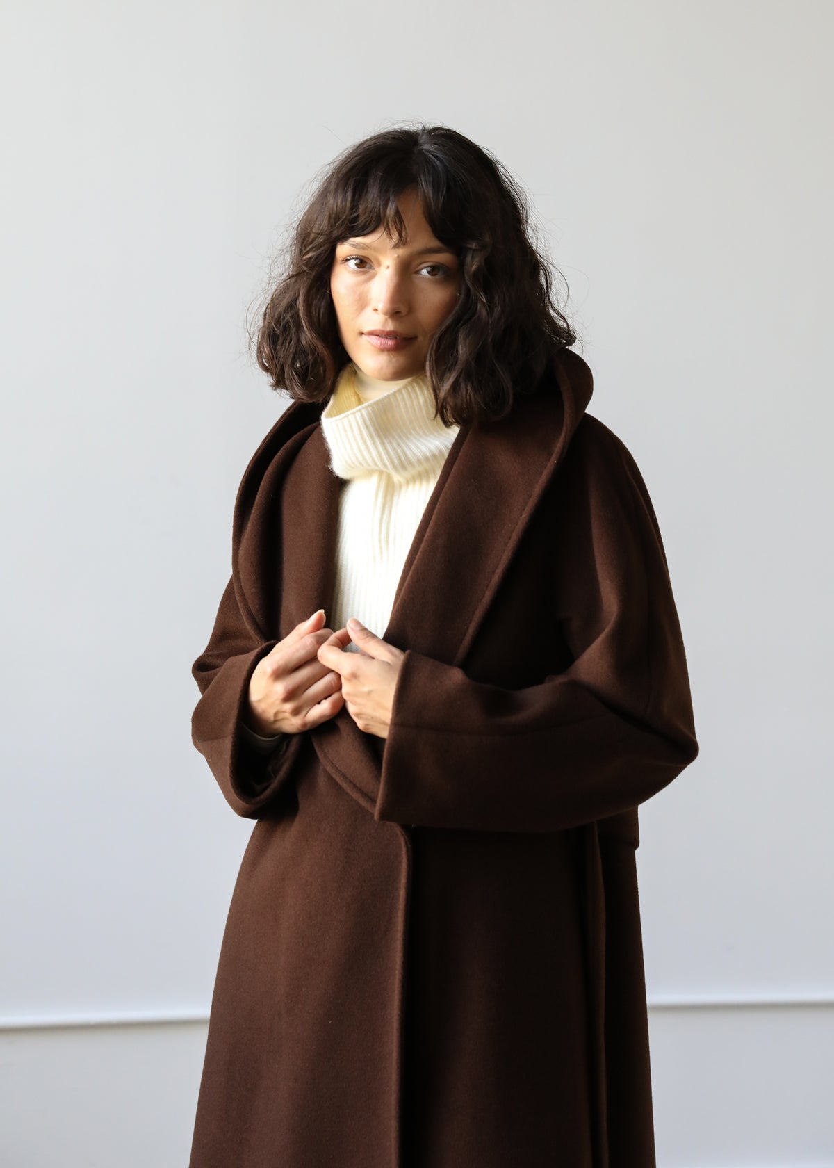 Goff Hooded Wrap Coat in Mocha Brown Virgin Wool