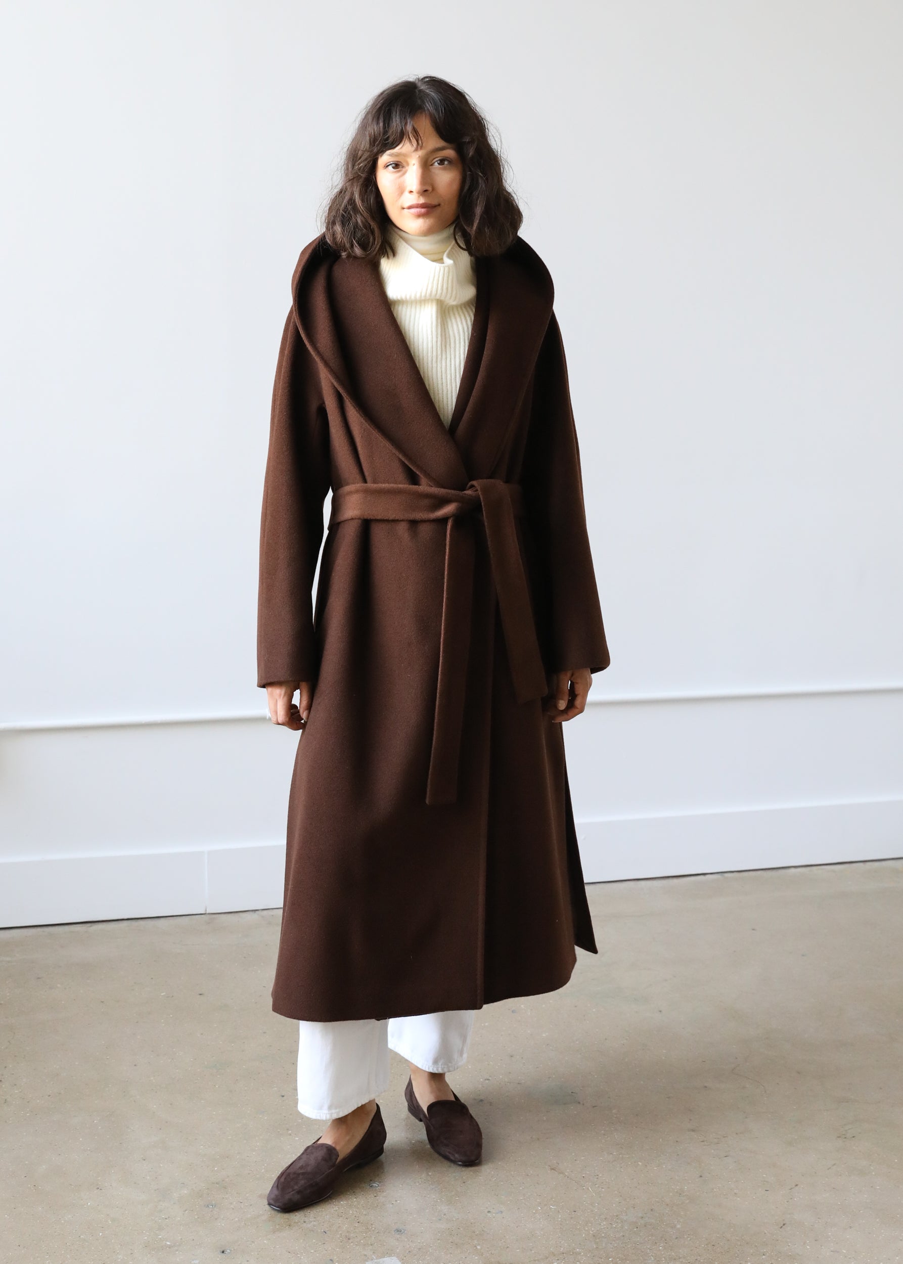 Estella | Goff Hooded Wrap Coat in Mocha Brown Virgin Wool Small
