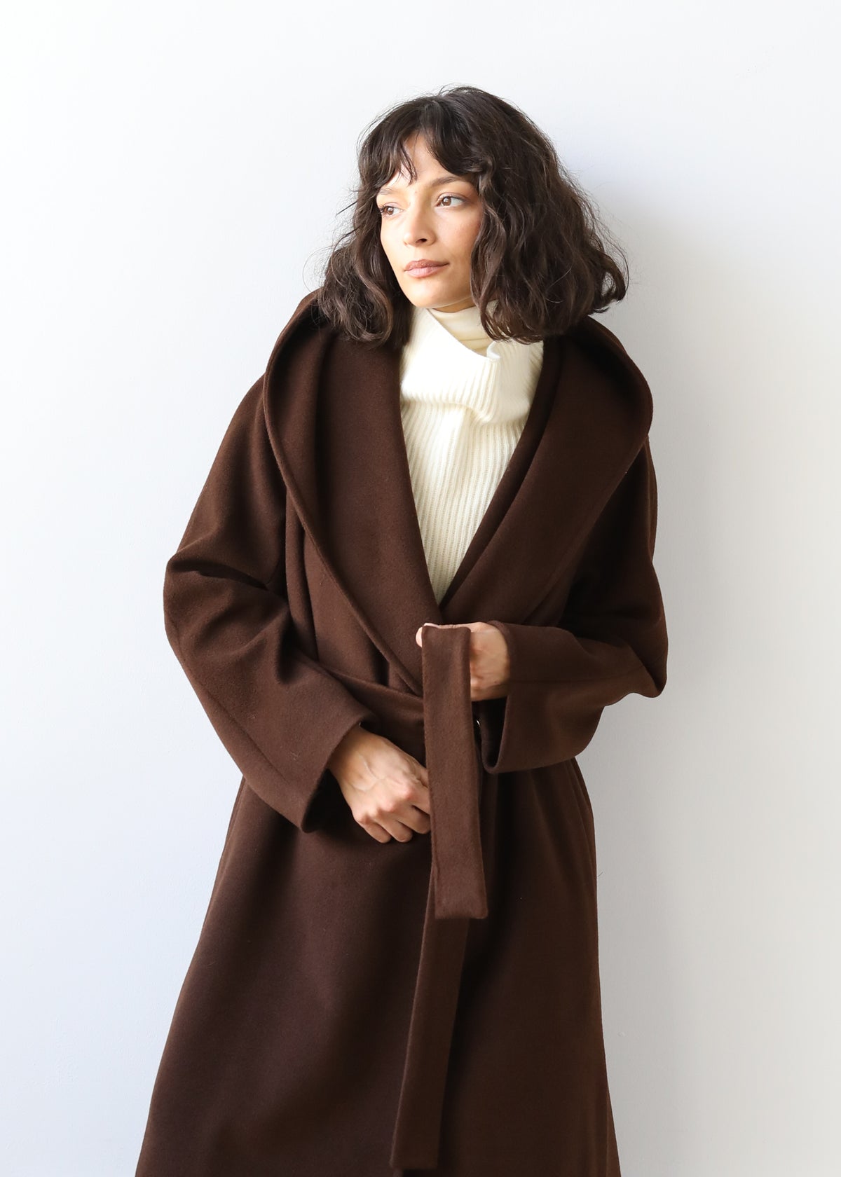 Goff Hooded Wrap Coat in Mocha Brown Virgin Wool